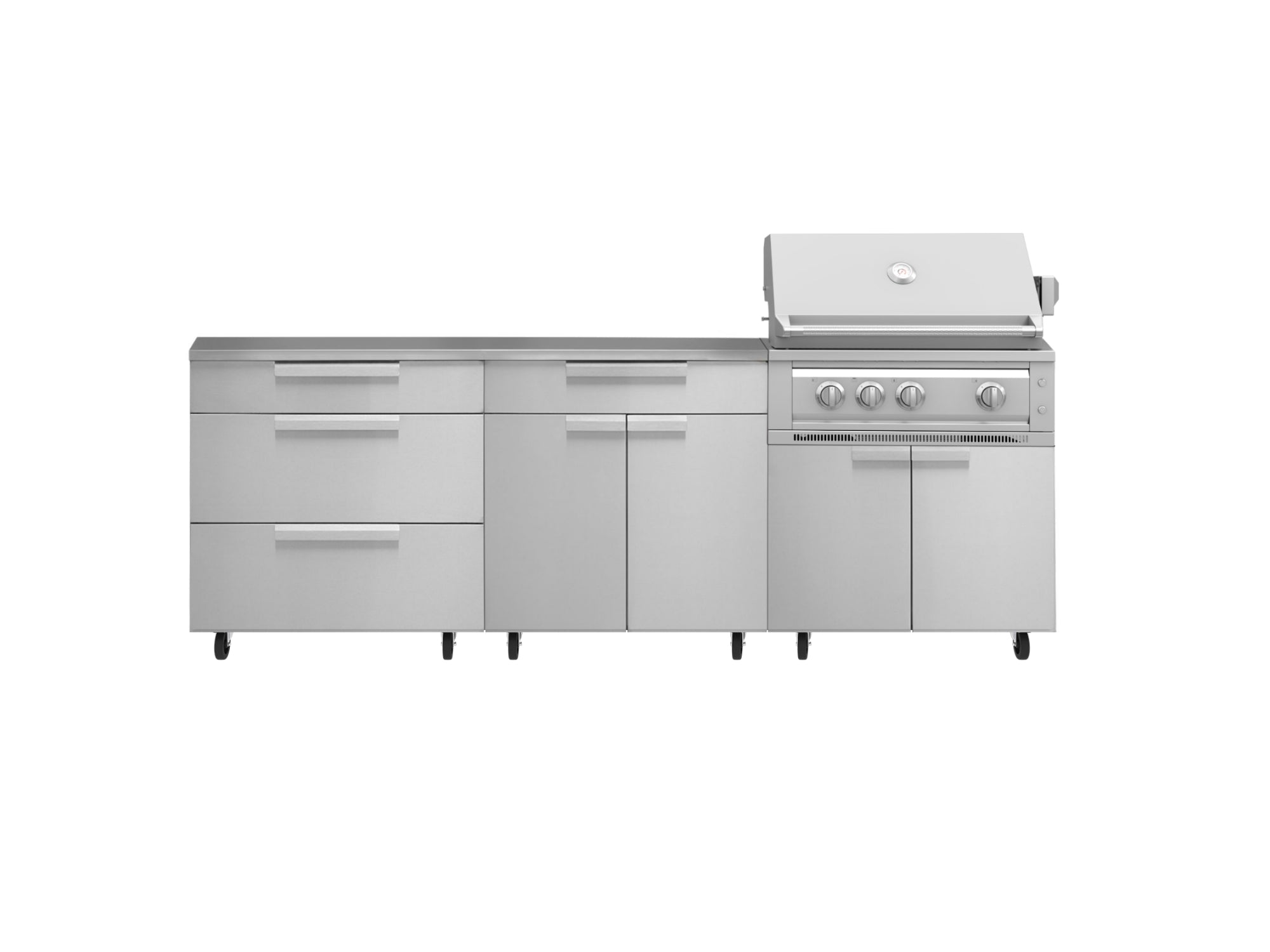 Outdoor Kitchen Stainless Steel 5 Piece Cabinet Set with Casters and 3 Drawer, Bar, Grill Cabinet, Platinum Grill, Countertop