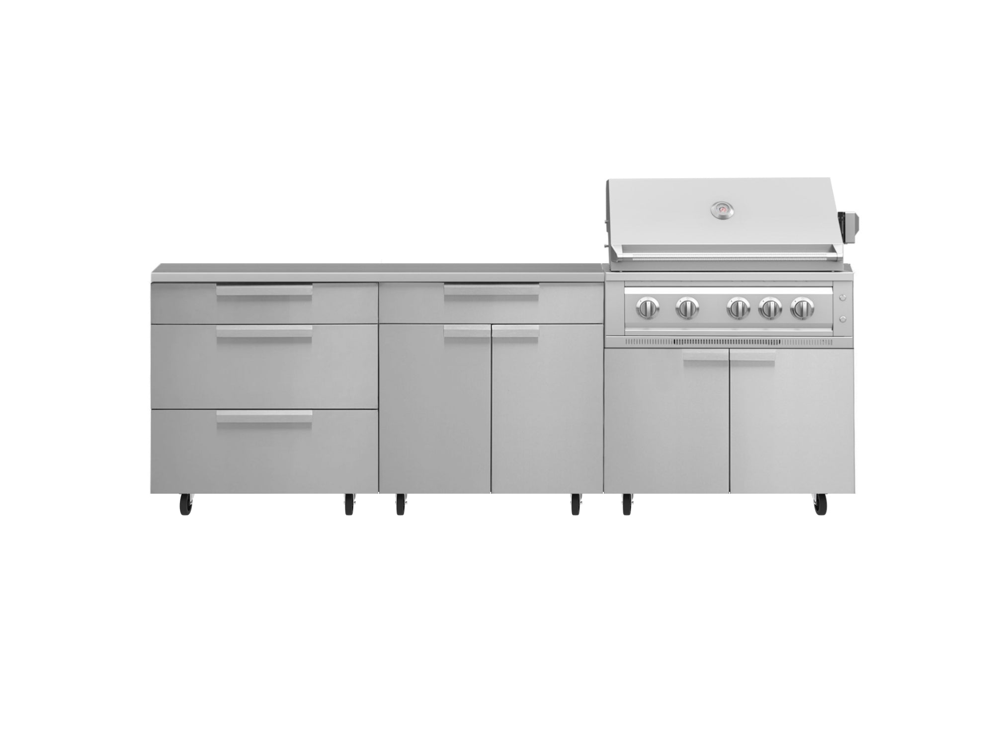 Outdoor Kitchen Stainless Steel 5 Piece Cabinet Set with Casters and 3 Drawer, Bar, Grill Cabinet, Platinum Grill, Countertop