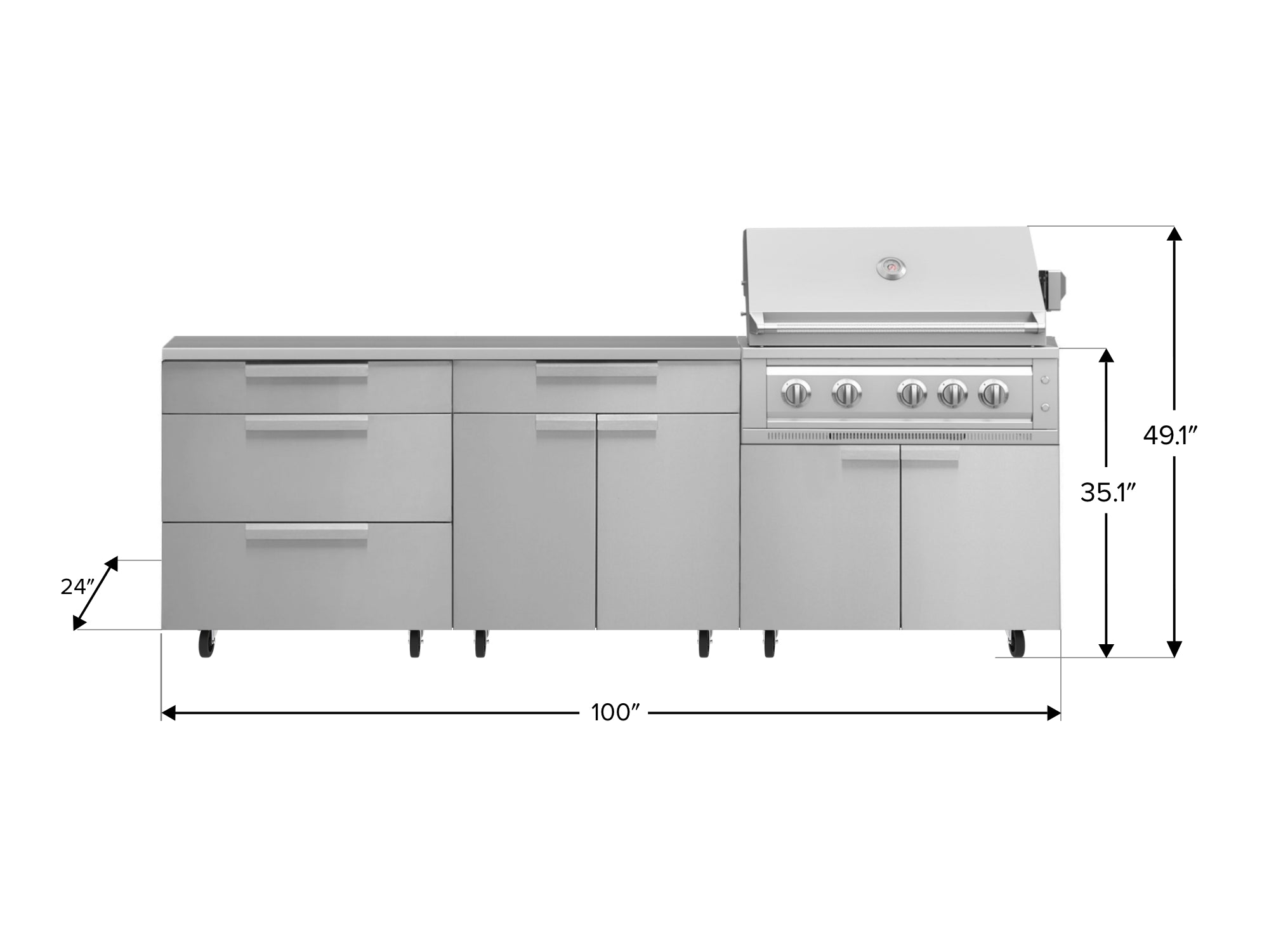 Outdoor Kitchen Stainless Steel 5 Piece Cabinet Set with Casters and 3 Drawer, Bar, Grill Cabinet, Platinum Grill, Countertop