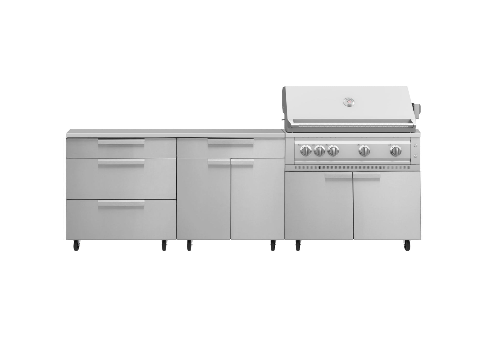 Outdoor Kitchen Stainless Steel 5 Piece Cabinet Set with Casters and 3 Drawer, Bar, Grill Cabinet, Platinum Grill, Countertop