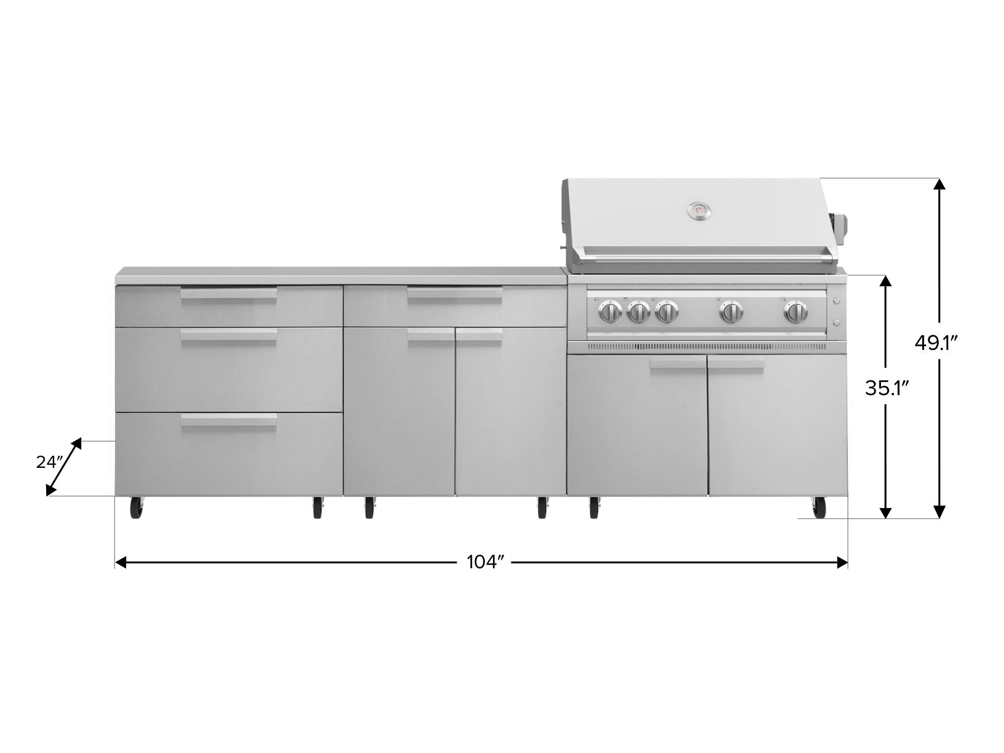 Outdoor Kitchen Stainless Steel 5 Piece Cabinet Set with Casters and 3 Drawer, Bar, Grill Cabinet, Platinum Grill, Countertop