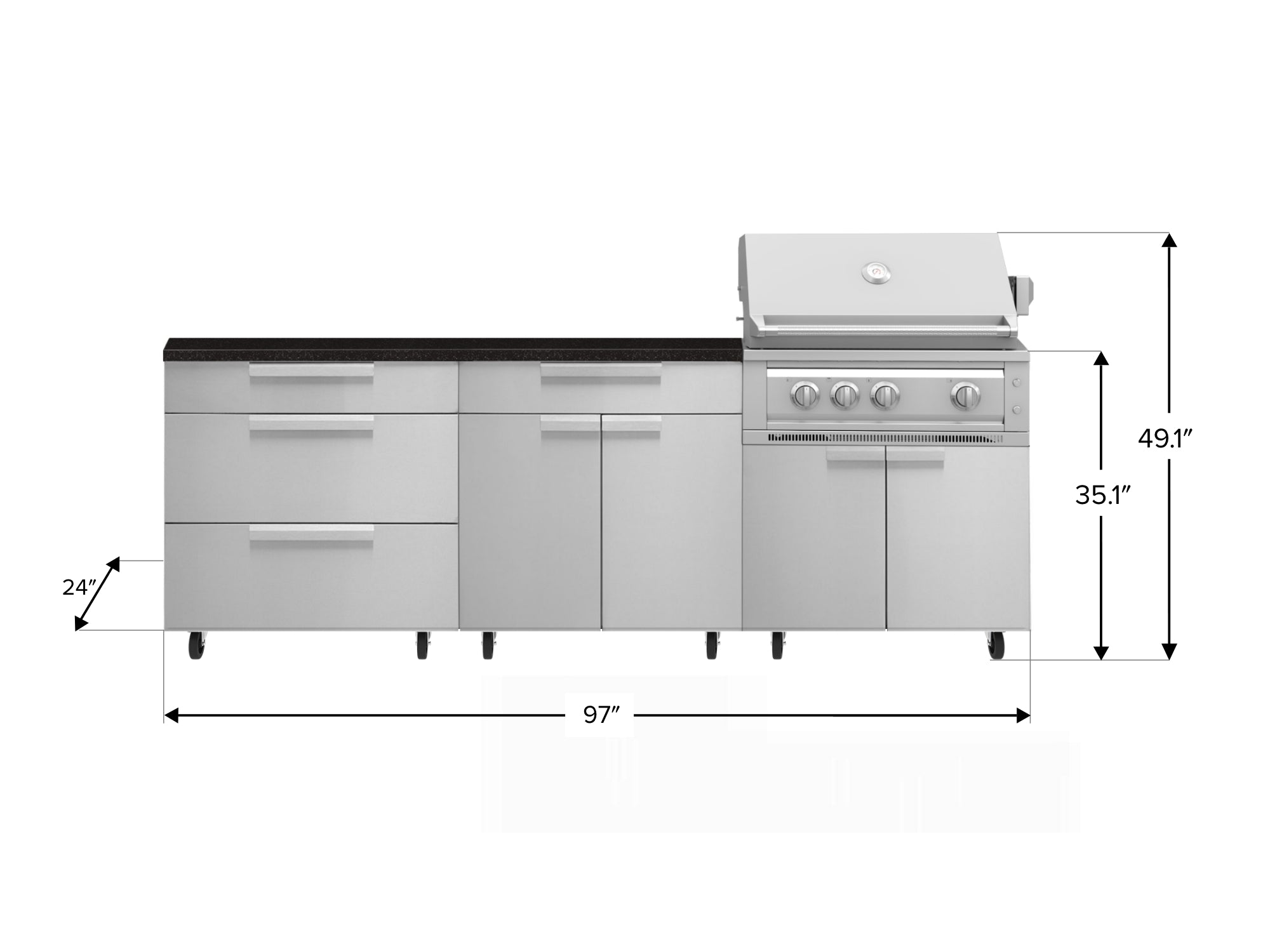 Outdoor Kitchen Stainless Steel 5 Piece Cabinet Set with Casters and 3 Drawer, Bar, Grill Cabinet, Platinum Grill, Countertop