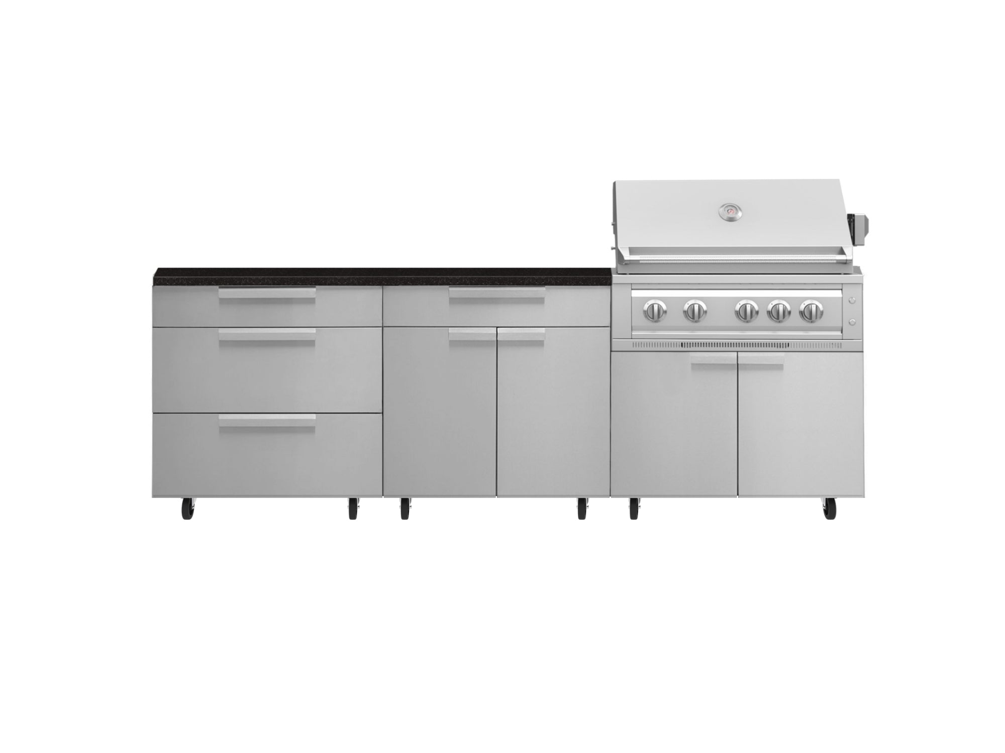 Outdoor Kitchen Stainless Steel 5 Piece Cabinet Set with Casters and 3 Drawer, Bar, Grill Cabinet, Platinum Grill, Countertop