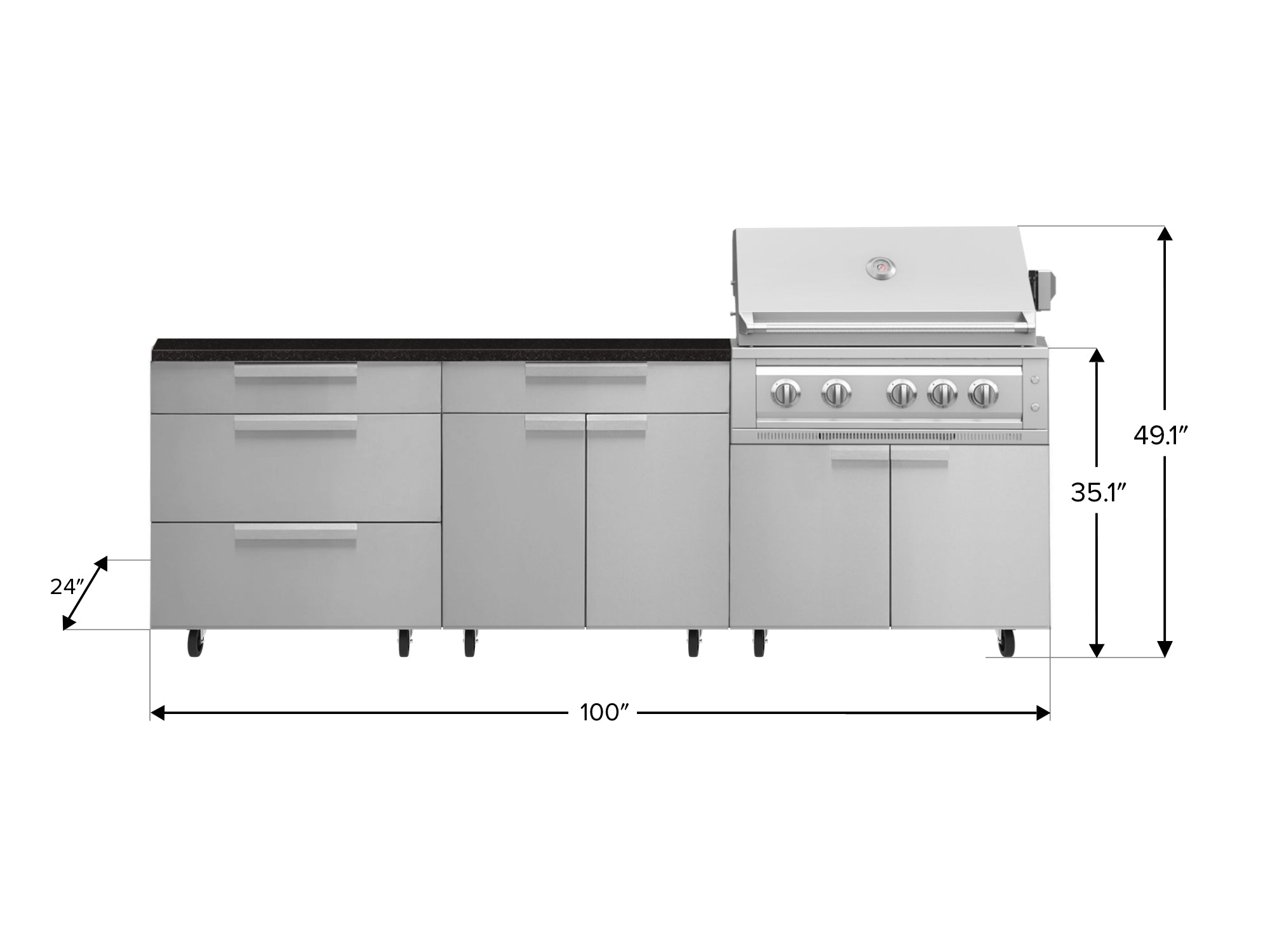 Outdoor Kitchen Stainless Steel 5 Piece Cabinet Set with Casters and 3 Drawer, Bar, Grill Cabinet, Platinum Grill, Countertop