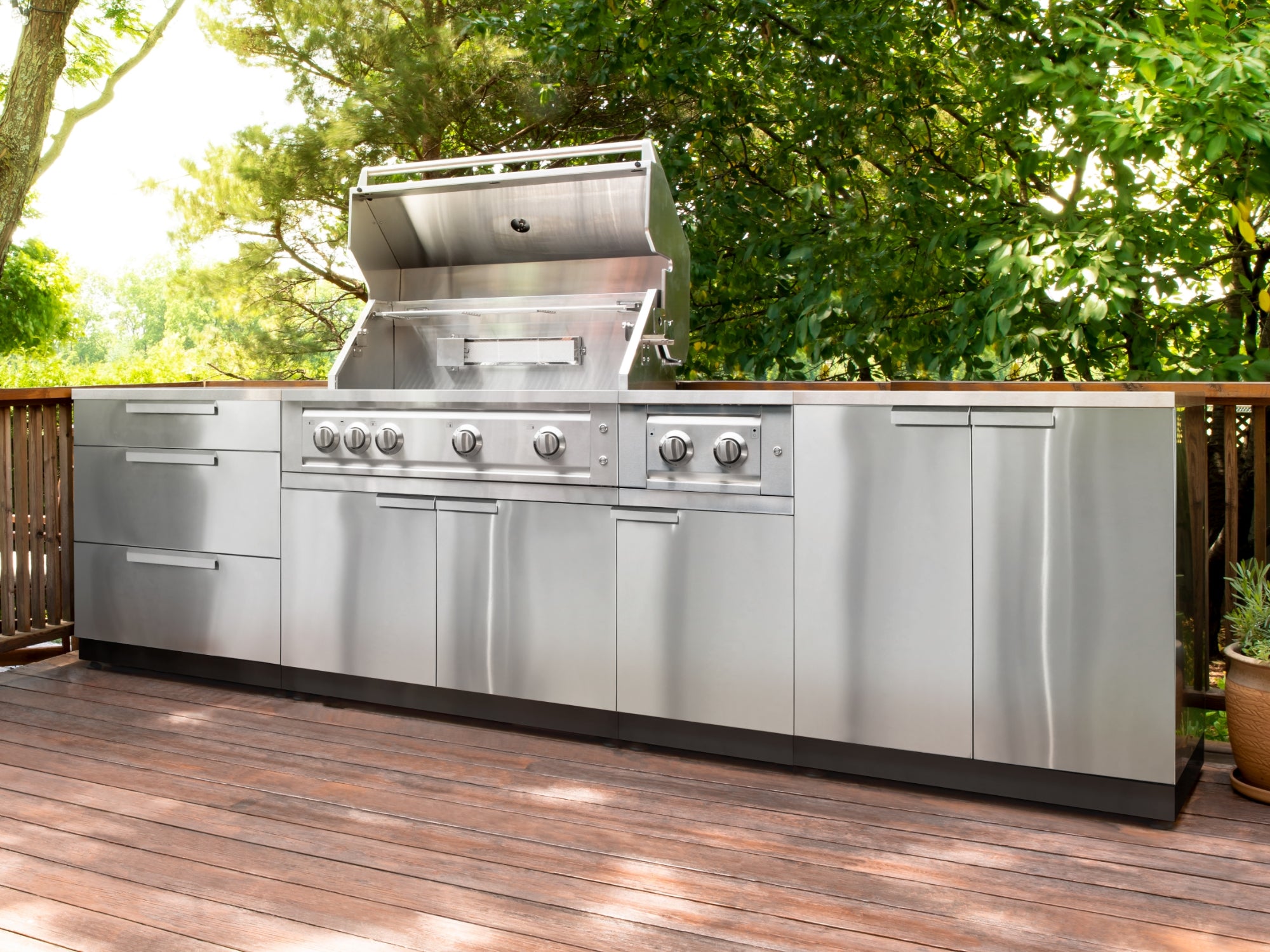 Outdoor Kitchen Stainless Steel 5 Piece Cabinet Set with Casters and 3 Drawer, Bar, Grill Cabinet, Platinum Grill, Countertop