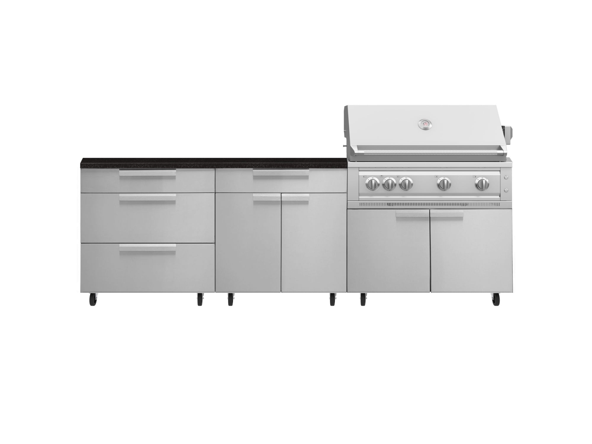 Outdoor Kitchen Stainless Steel 5 Piece Cabinet Set with Casters and 3 Drawer, Bar, Grill Cabinet, Platinum Grill, Countertop
