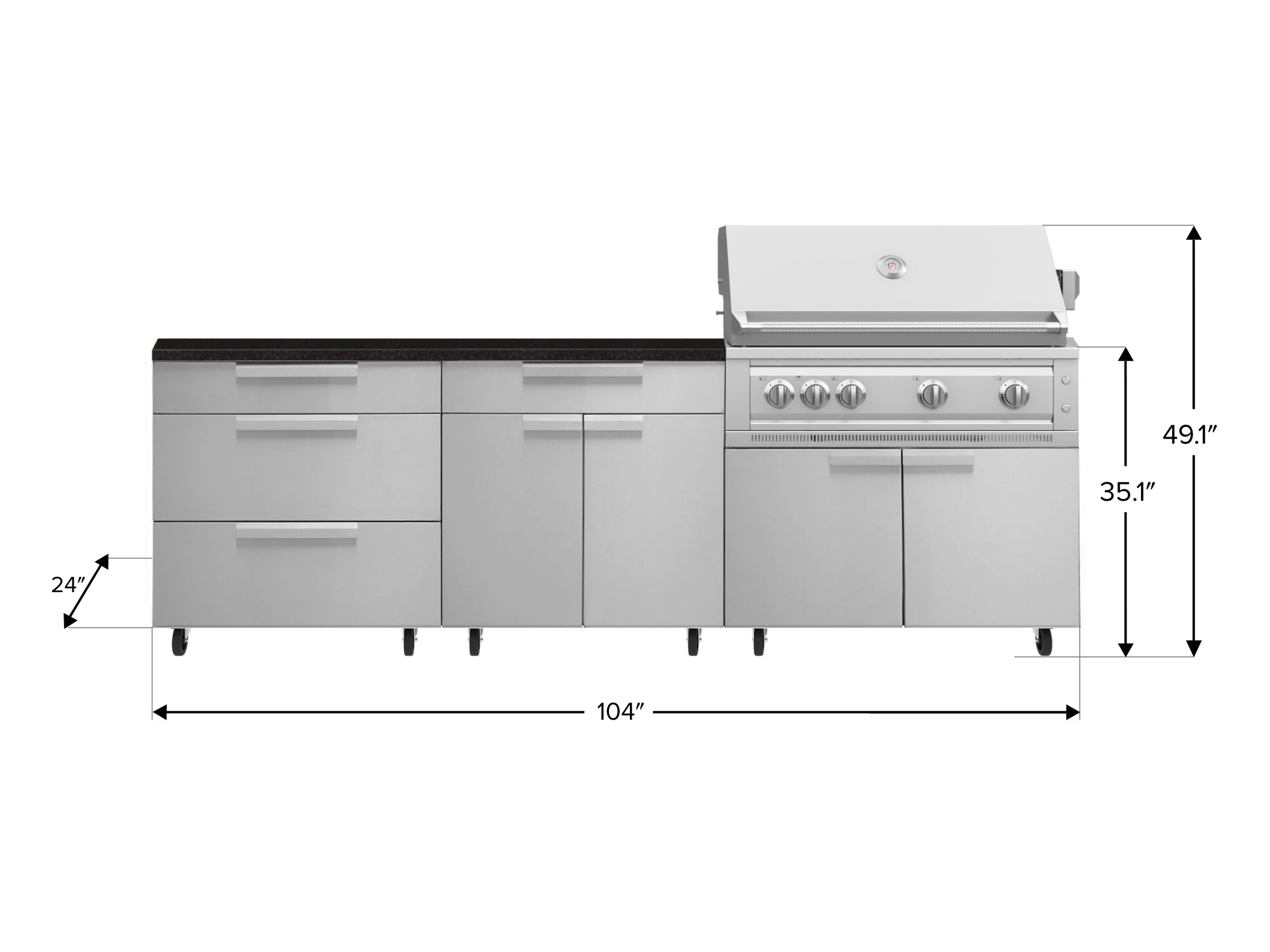 Outdoor Kitchen Stainless Steel 5 Piece Cabinet Set with Casters and 3 Drawer, Bar, Grill Cabinet, Platinum Grill, Countertop