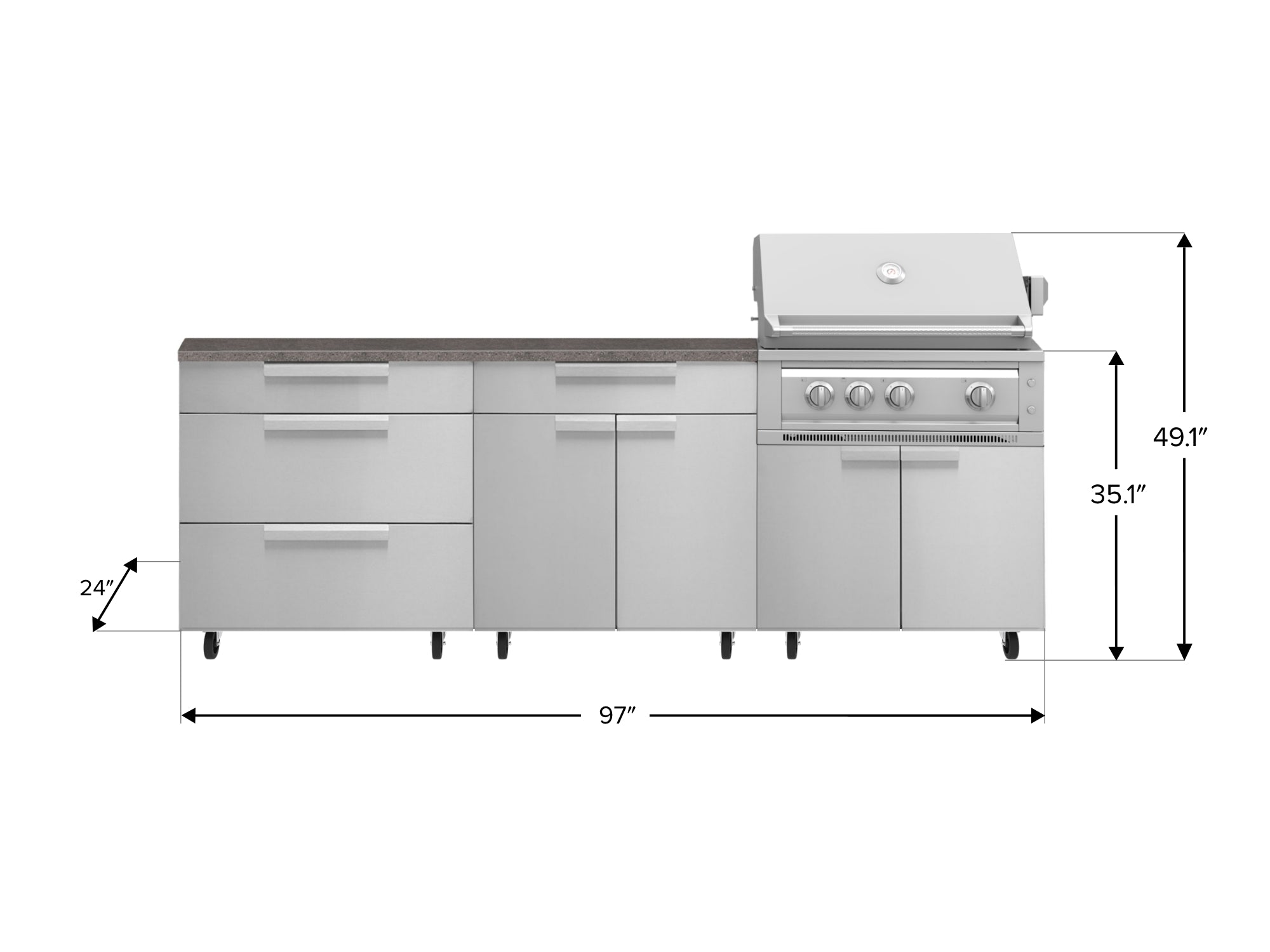 Outdoor Kitchen Stainless Steel 5 Piece Cabinet Set with Casters and 3 Drawer, Bar, Grill Cabinet, Platinum Grill, Countertop