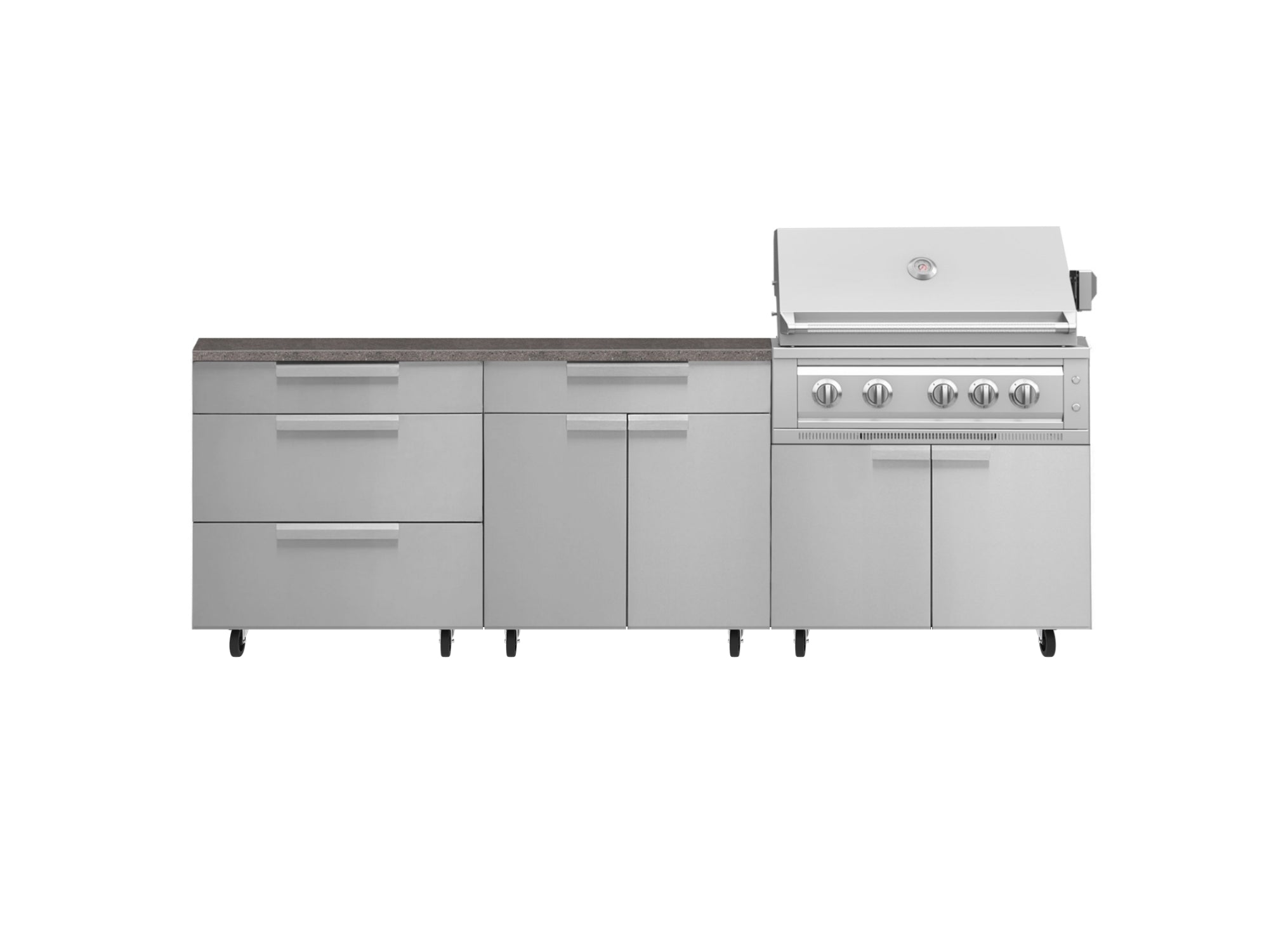 Outdoor Kitchen Stainless Steel 5 Piece Cabinet Set with Casters and 3 Drawer, Bar, Grill Cabinet, Platinum Grill, Countertop