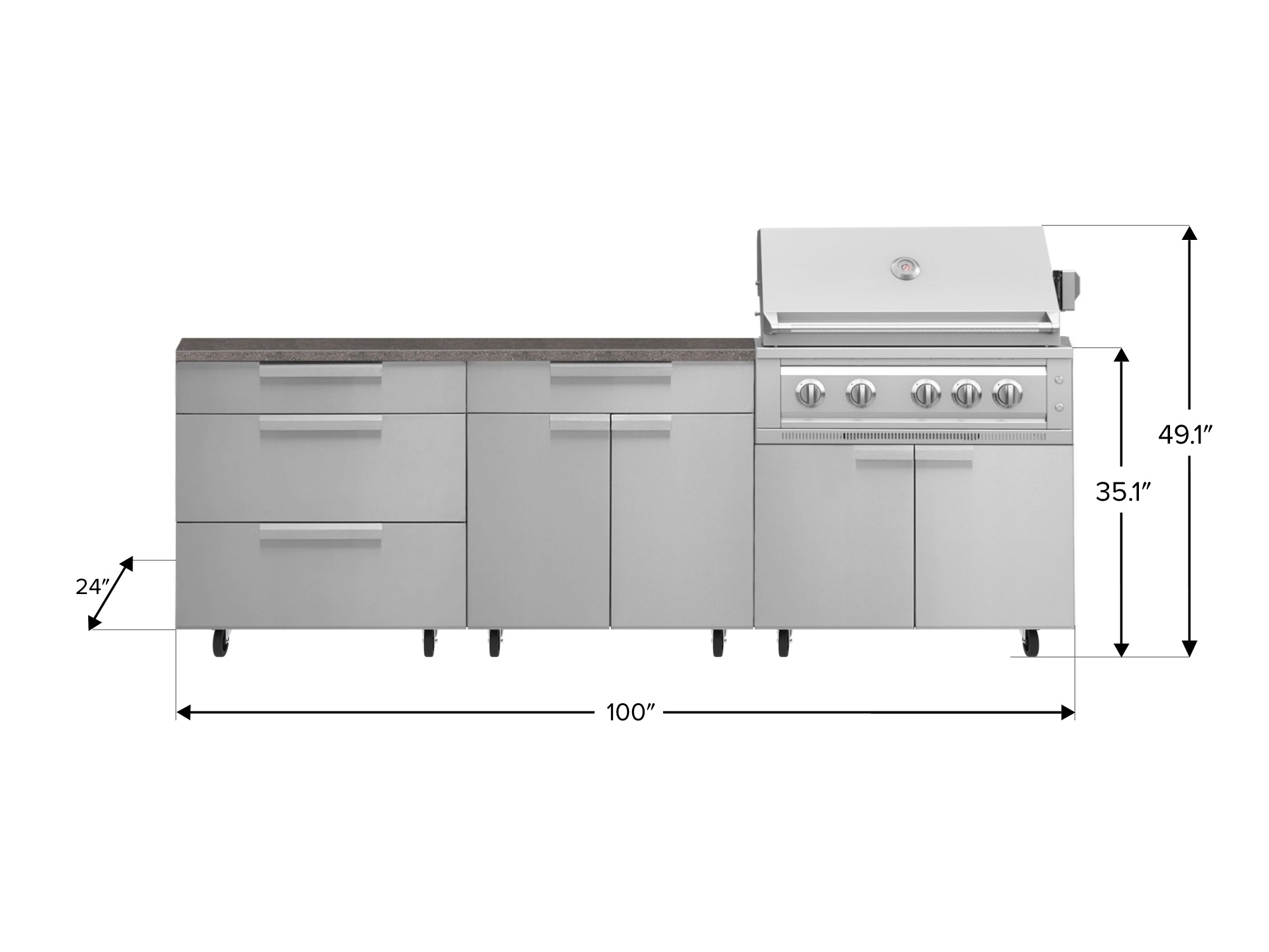 Outdoor Kitchen Stainless Steel 5 Piece Cabinet Set with Casters and 3 Drawer, Bar, Grill Cabinet, Platinum Grill, Countertop