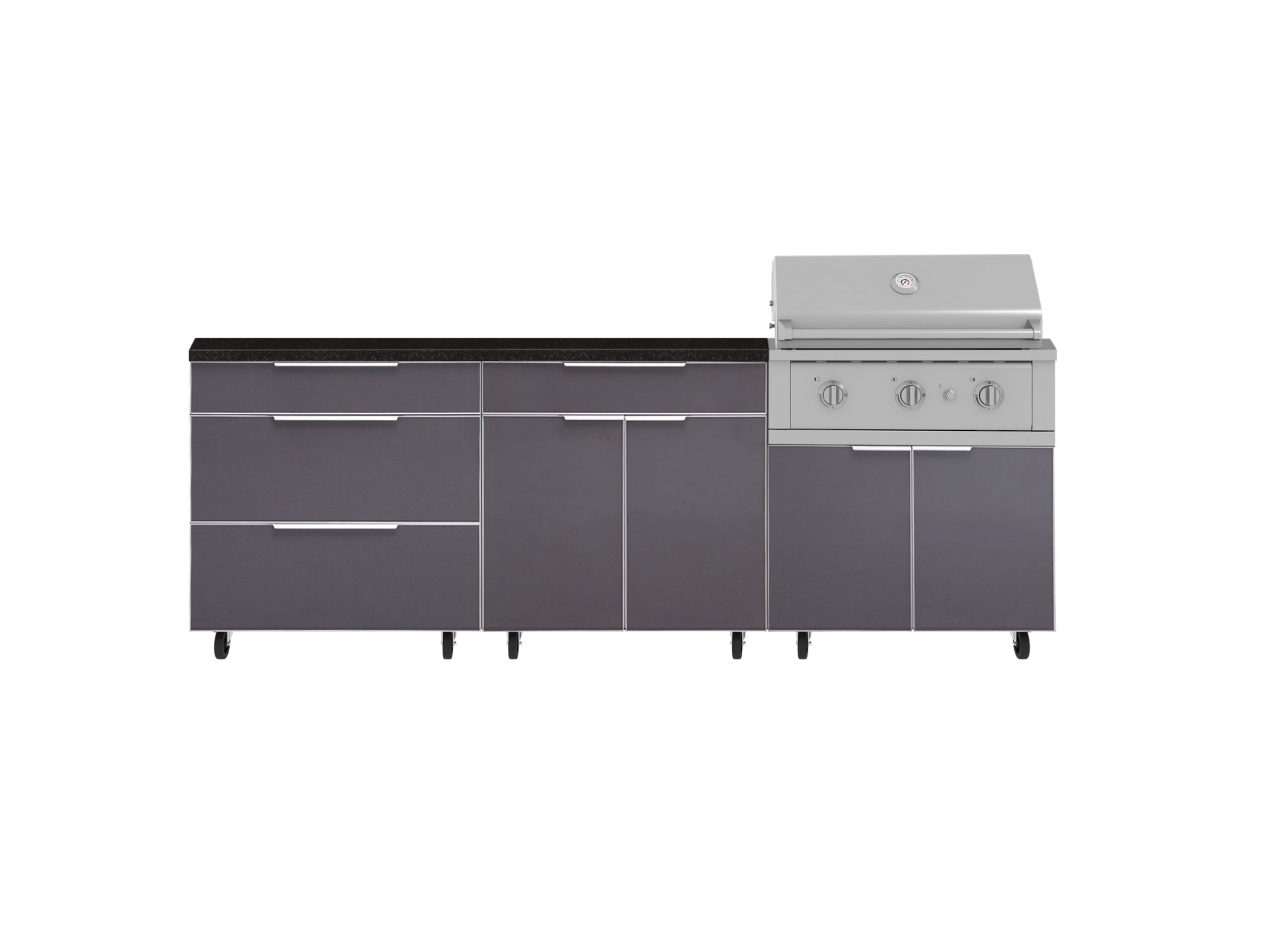 Outdoor Kitchen Aluminum 5 Piece Cabinet Set With Casters and 3 Drawer, Bar, Grill Cabinet, Performance Grill, Countertop