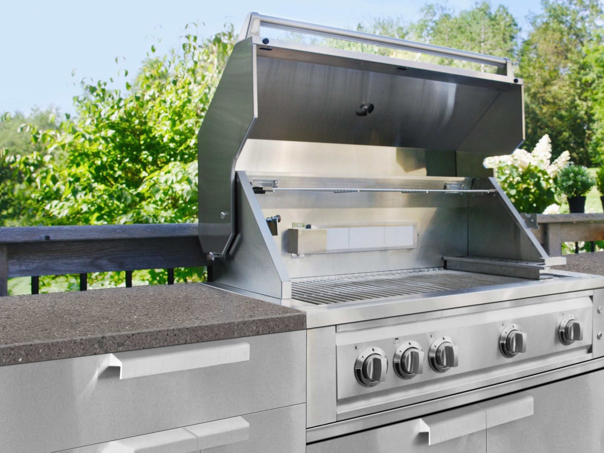 Outdoor Kitchen Stainless Steel 4 Piece Cabinet Set with 2 Door, Grill Cabinet, Performance Grill and Countertop