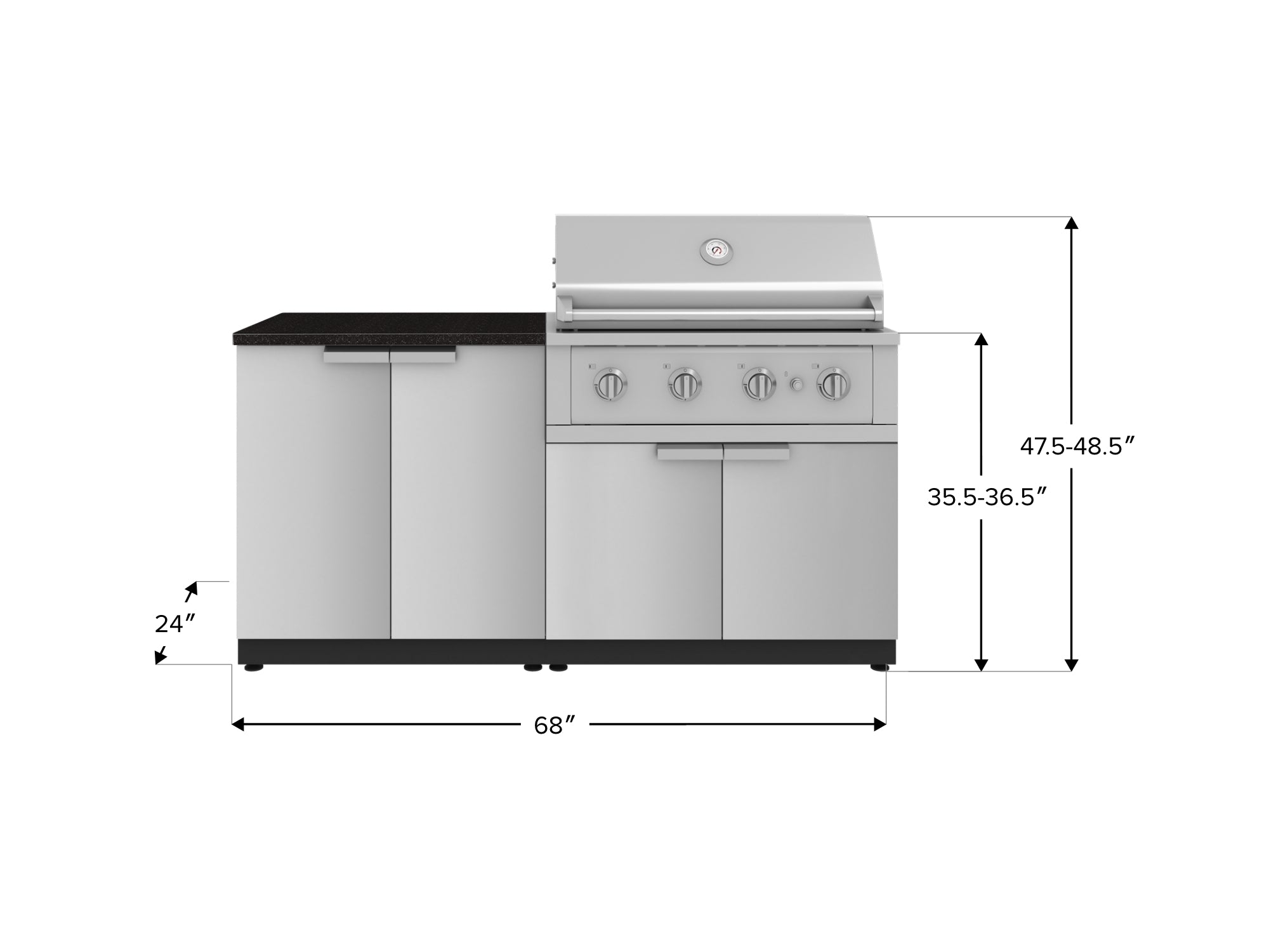 Outdoor Kitchen Stainless Steel 4 Piece Cabinet Set with 2 Door, Grill Cabinet, Performance Grill and Countertop