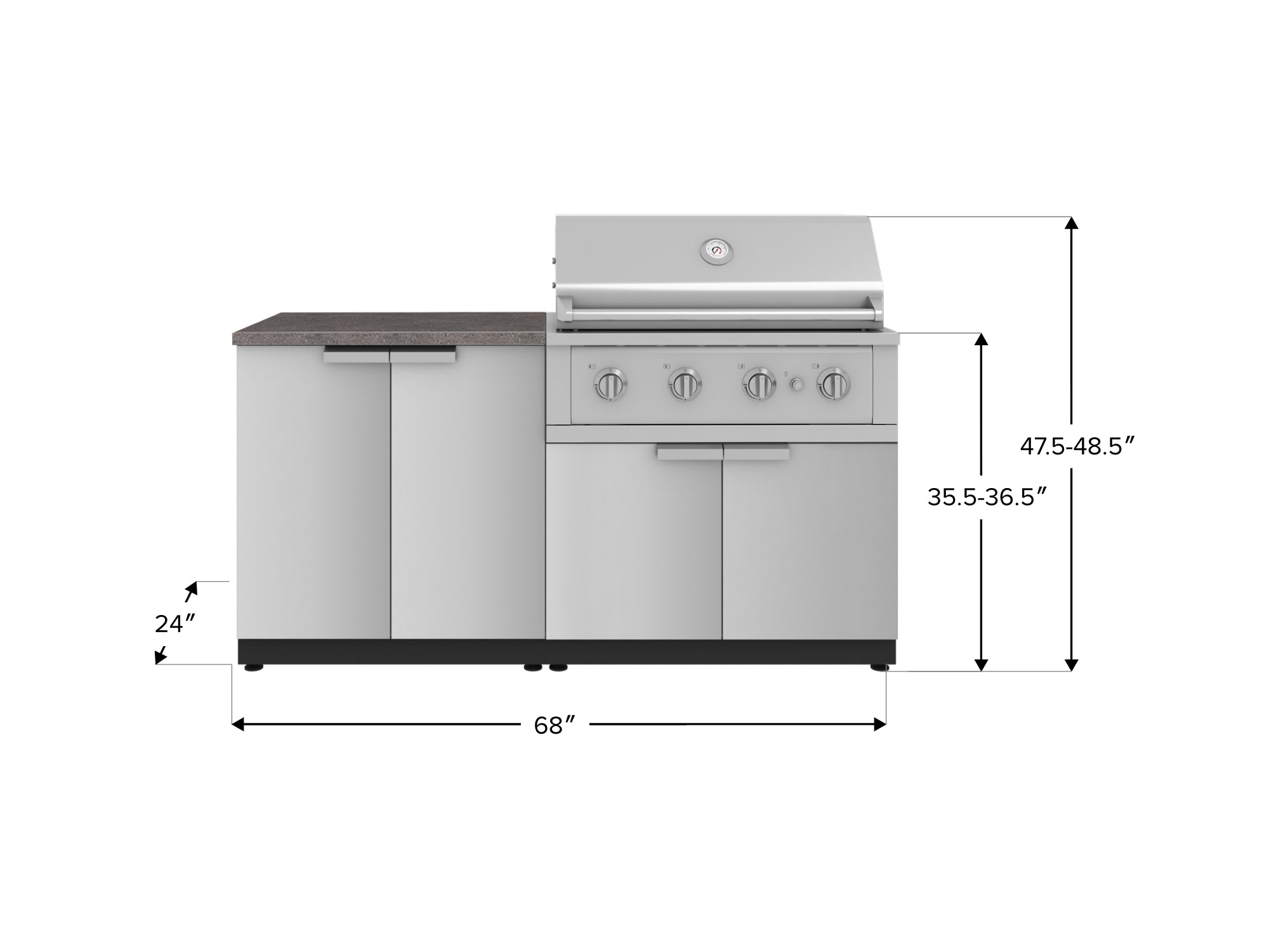 Outdoor Kitchen Stainless Steel 4 Piece Cabinet Set with 2 Door, Grill Cabinet, Performance Grill and Countertop