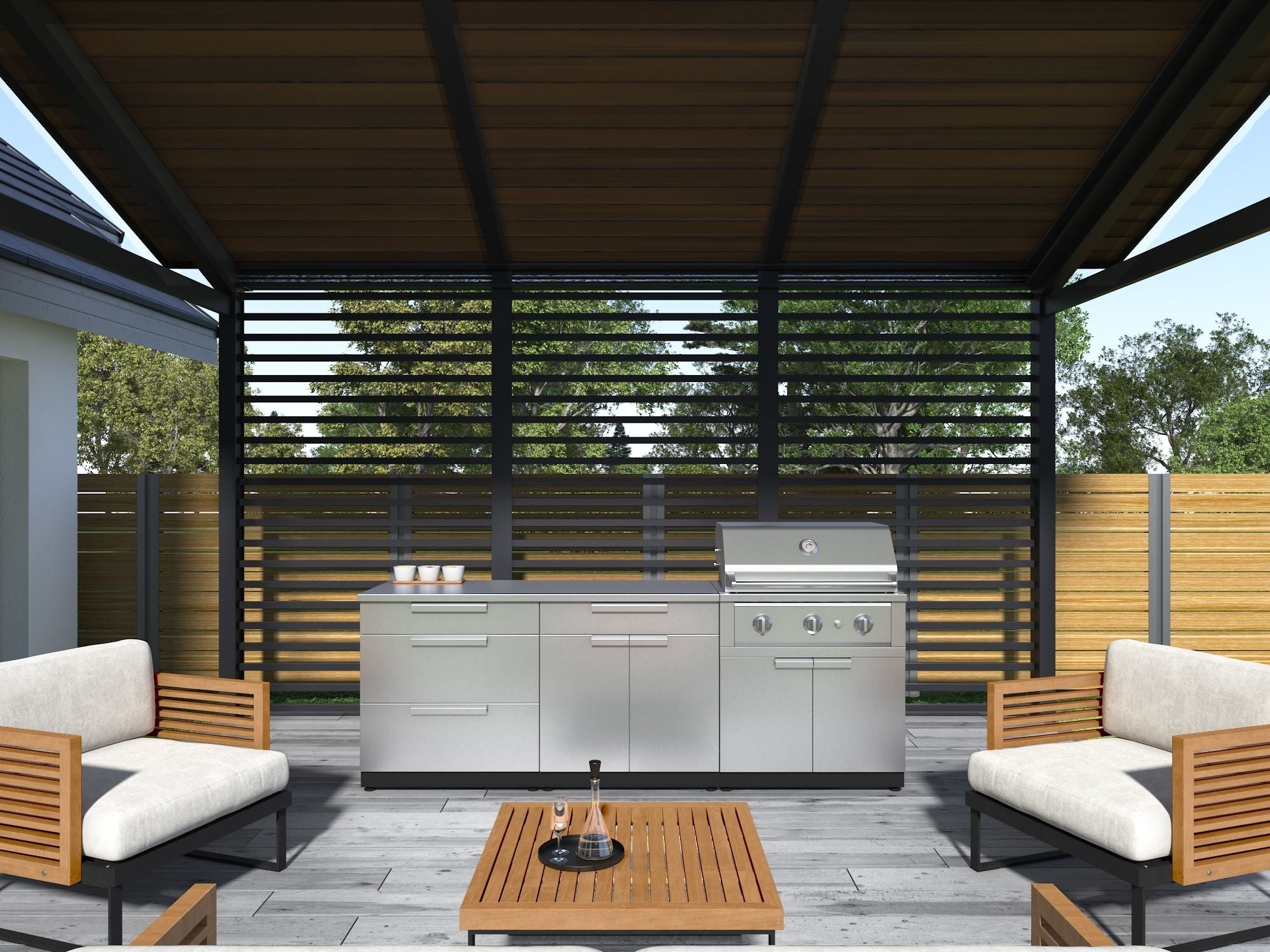 Outdoor Kitchen Stainless Steel 4 Piece Cabinet Set with 2 Door, Grill Cabinet, Performance Grill and Countertop