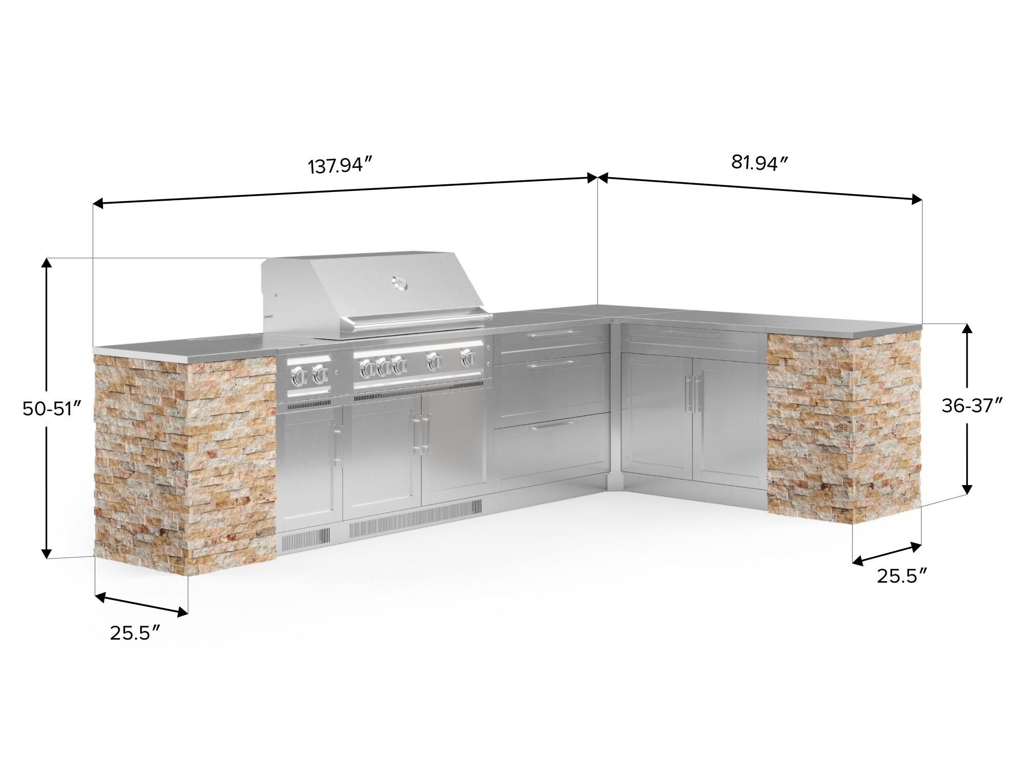 Outdoor Kitchen Signature Series 11 Piece L Shaped Cabinet Set with 3 Drawer, Bar, Dual Side Burner, Grill and Grill Cabinet