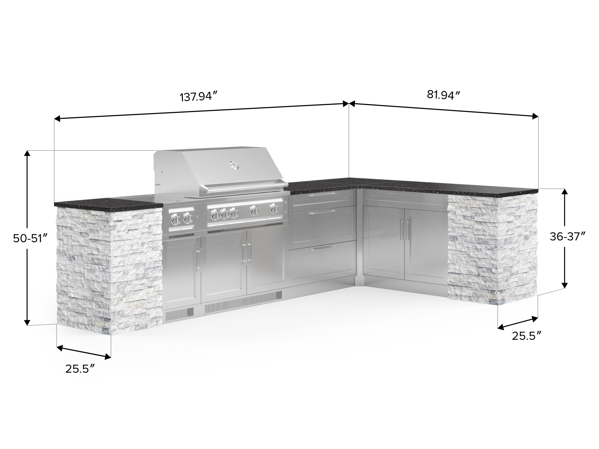 Outdoor Kitchen Signature Series 11 Piece L Shaped Cabinet Set with 3 Drawer, Bar, Dual Side Burner, Grill and Grill Cabinet