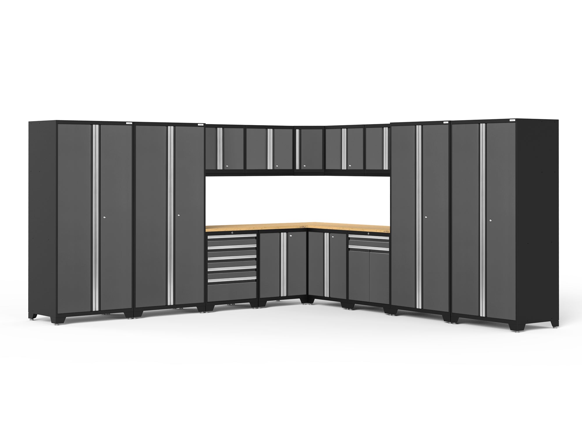 Pro Series 16 Piece Cabinet Set with Lockers, Wall, Tool Drawer, Base, Corner Wall Cabinet and 56 in. Worktop