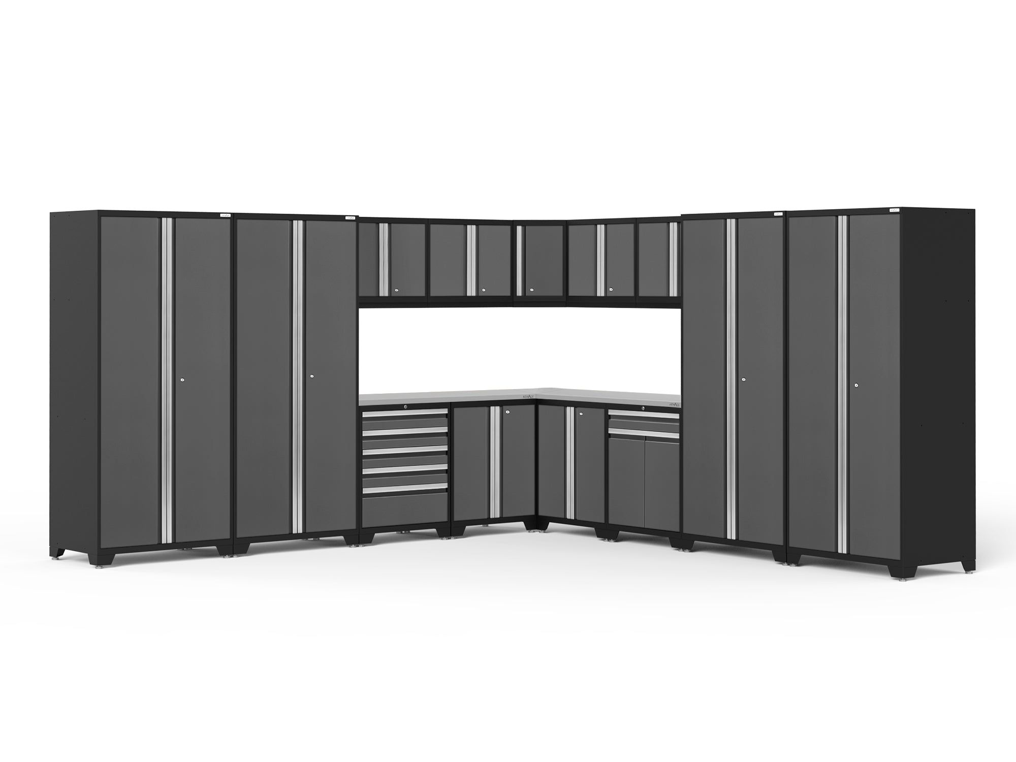 Pro Series 16 Piece Cabinet Set with Lockers, Wall, Tool Drawer, Base, Corner Wall Cabinet and 56 in. Worktop