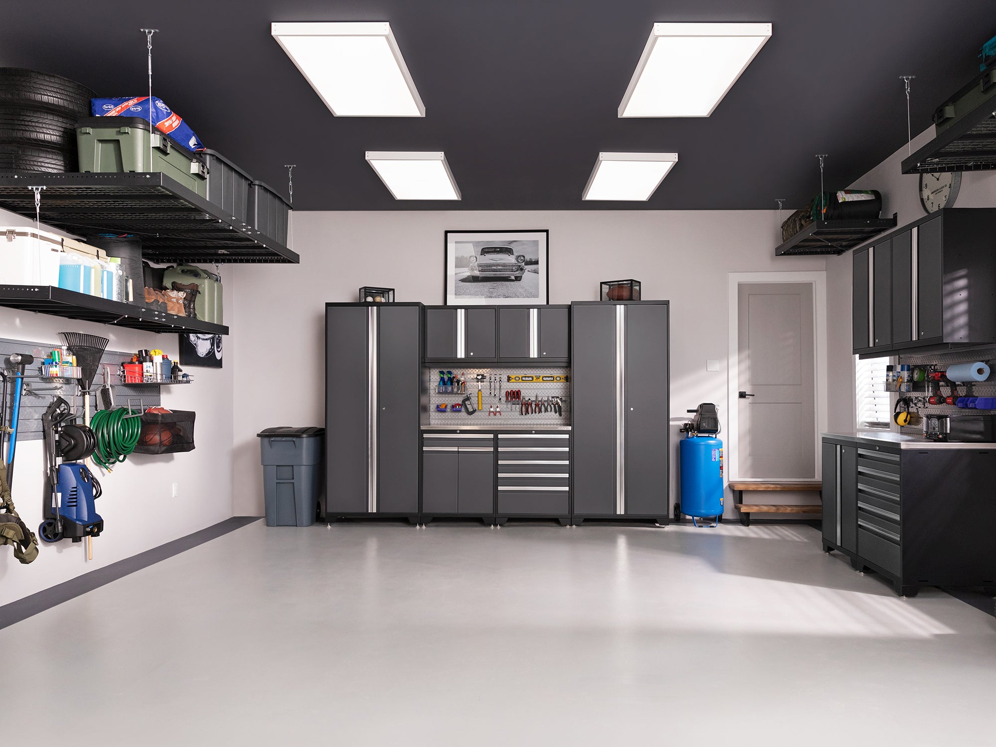 Pro Series 16 Piece Cabinet Set with Lockers, Wall, Tool Drawer, Base, Corner Wall Cabinet and 56 in. Worktop