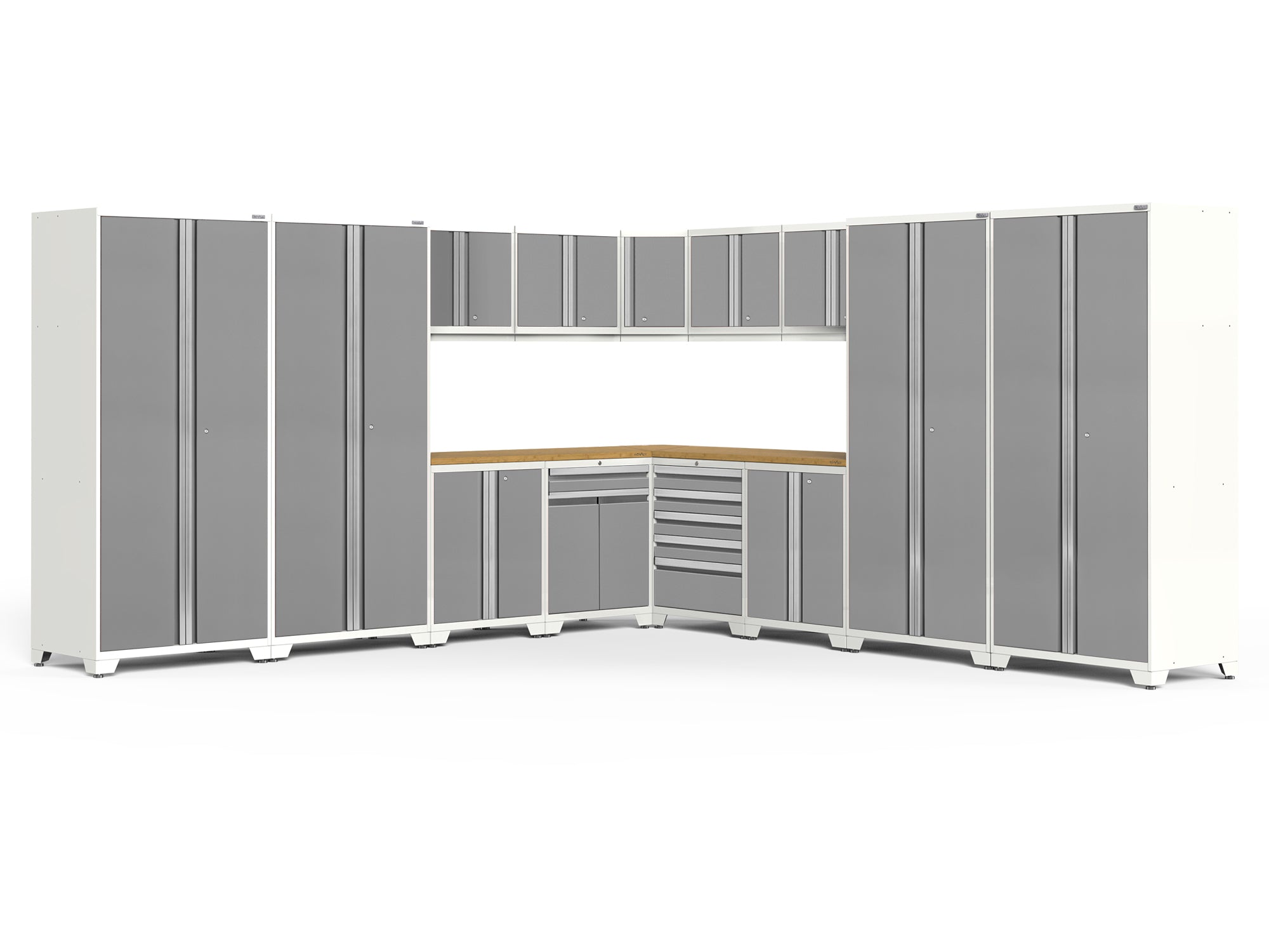 Pro Series 16 Piece Cabinet Set with Lockers, Wall, Tool Drawer, Base, Corner Wall Cabinet and 56 in. Worktop