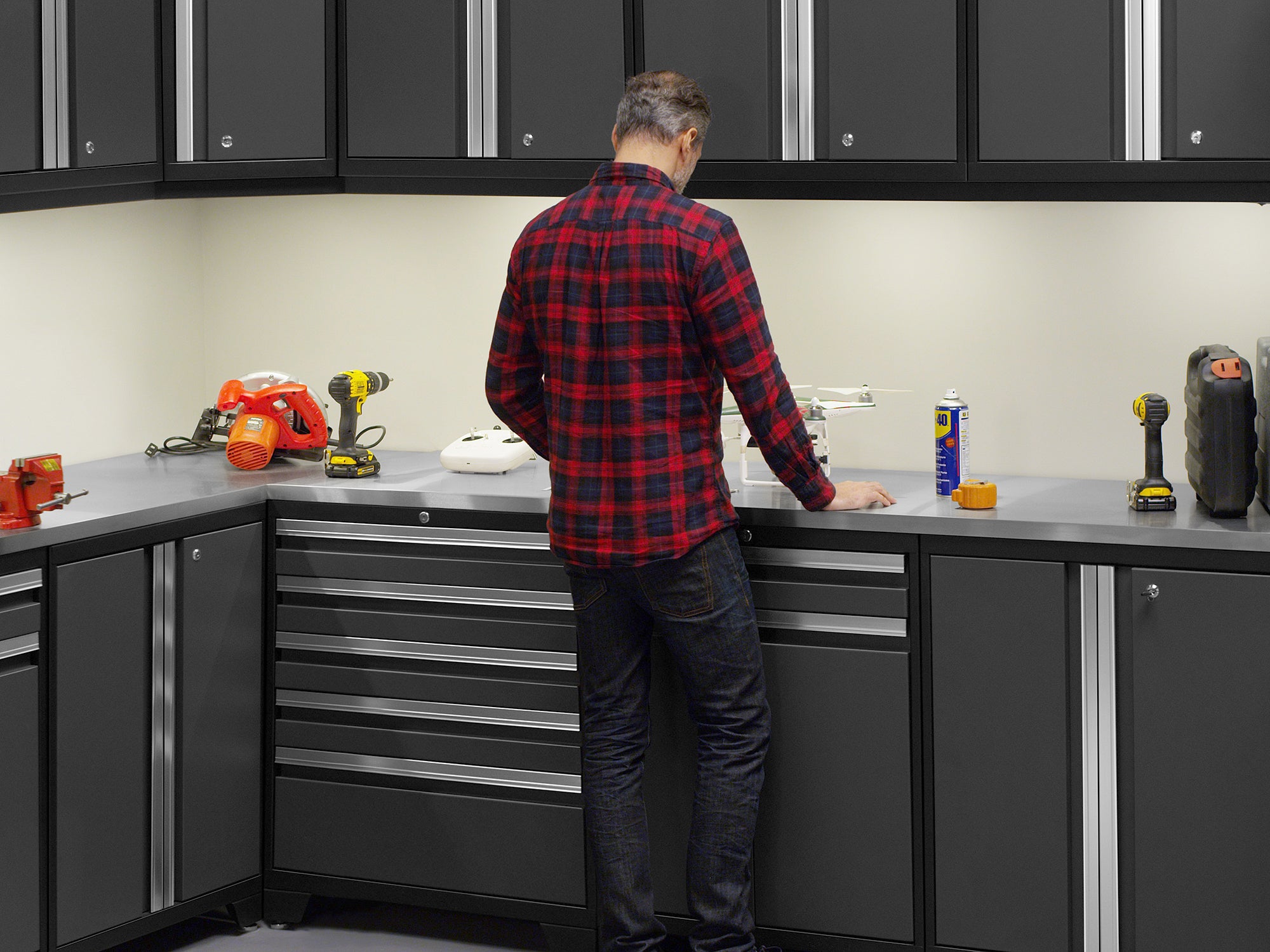 Pro Series 16 Piece Cabinet Set with Lockers, Wall, Tool Drawer, Base, Corner Wall Cabinet and 56 in. Worktop
