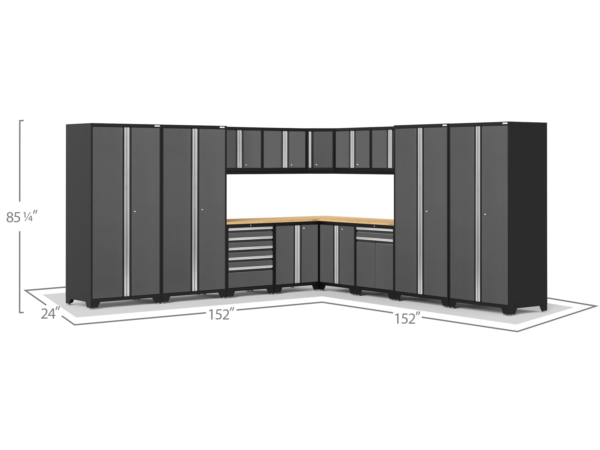 Pro Series 16 Piece Cabinet Set with Lockers, Wall, Tool Drawer, Base, Corner Wall Cabinet and 56 in. Worktop