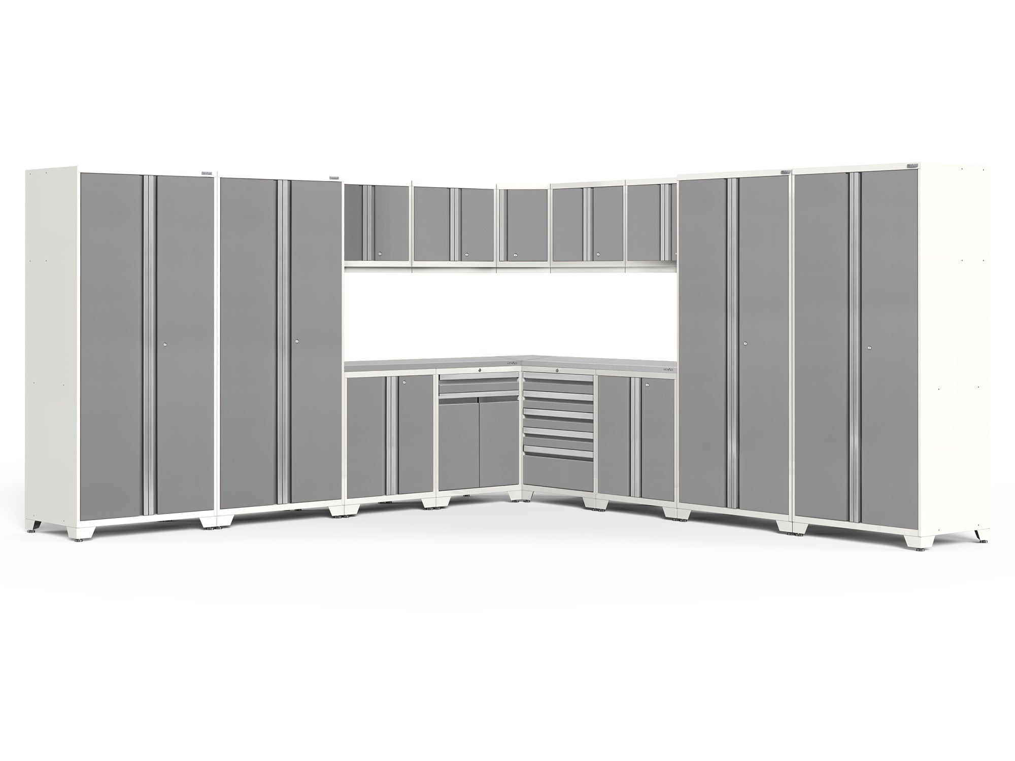 Pro Series 16 Piece Cabinet Set with Lockers, Wall, Tool Drawer, Base, Corner Wall Cabinet and 56 in. Worktop