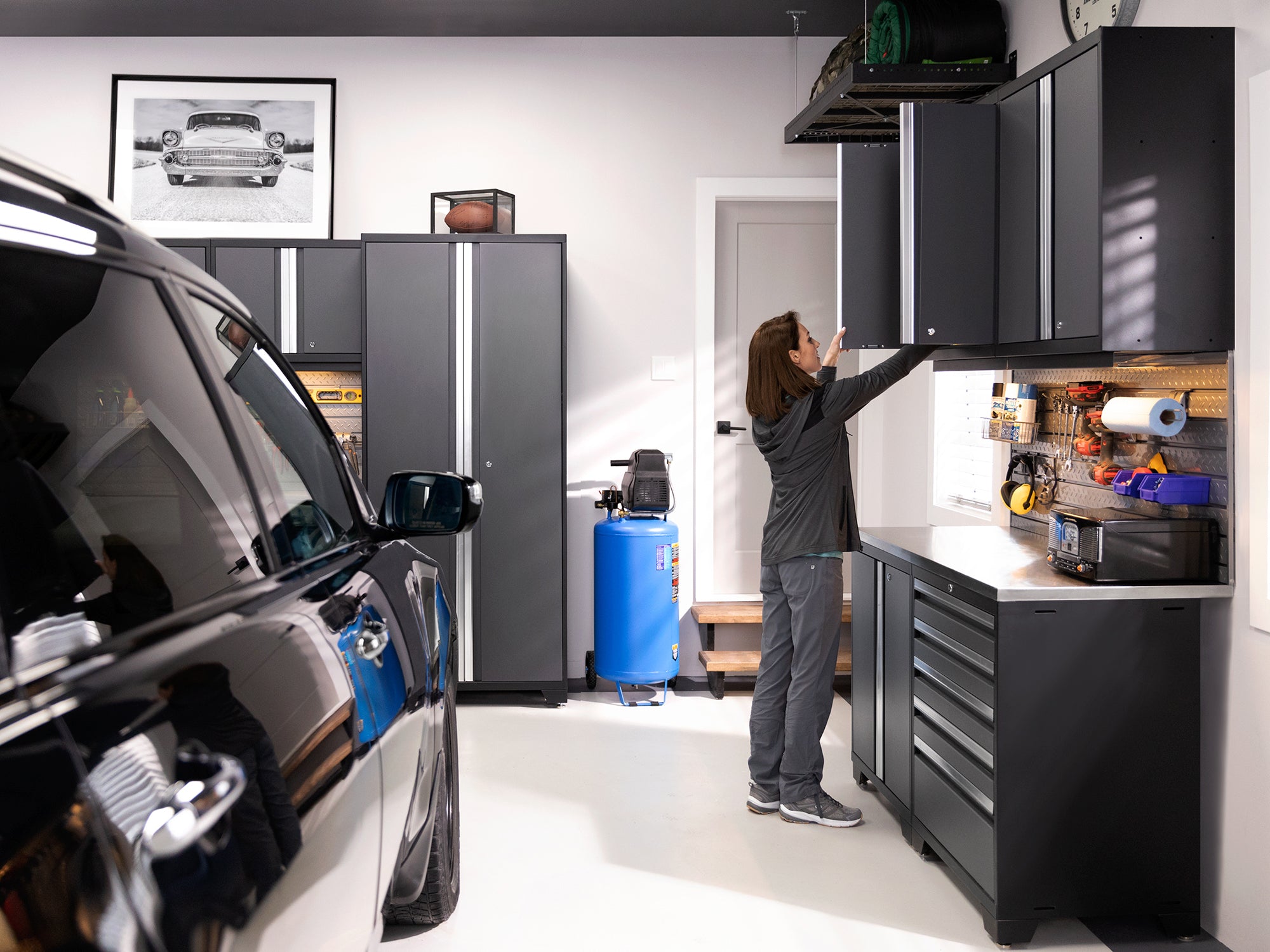 Pro Series 16 Piece Cabinet Set with Lockers, Wall, Tool Drawer, Base, Corner Wall Cabinet and 56 in. Worktop