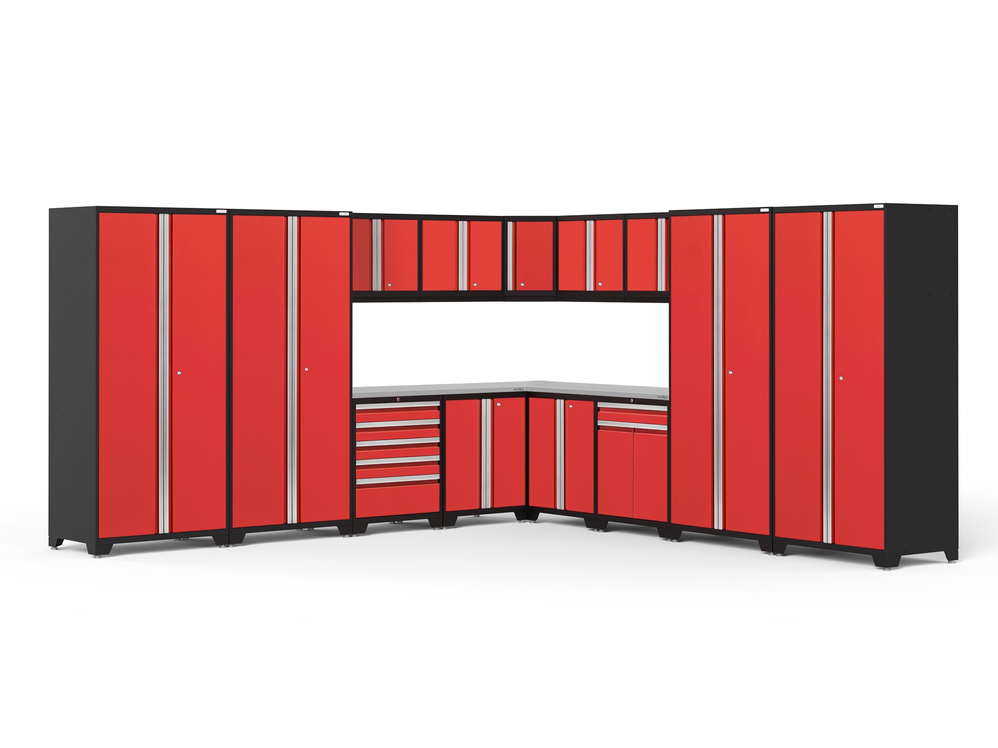 Pro Series 16 Piece Cabinet Set with Lockers, Wall, Tool Drawer, Base, Corner Wall Cabinet and 56 in. Worktop