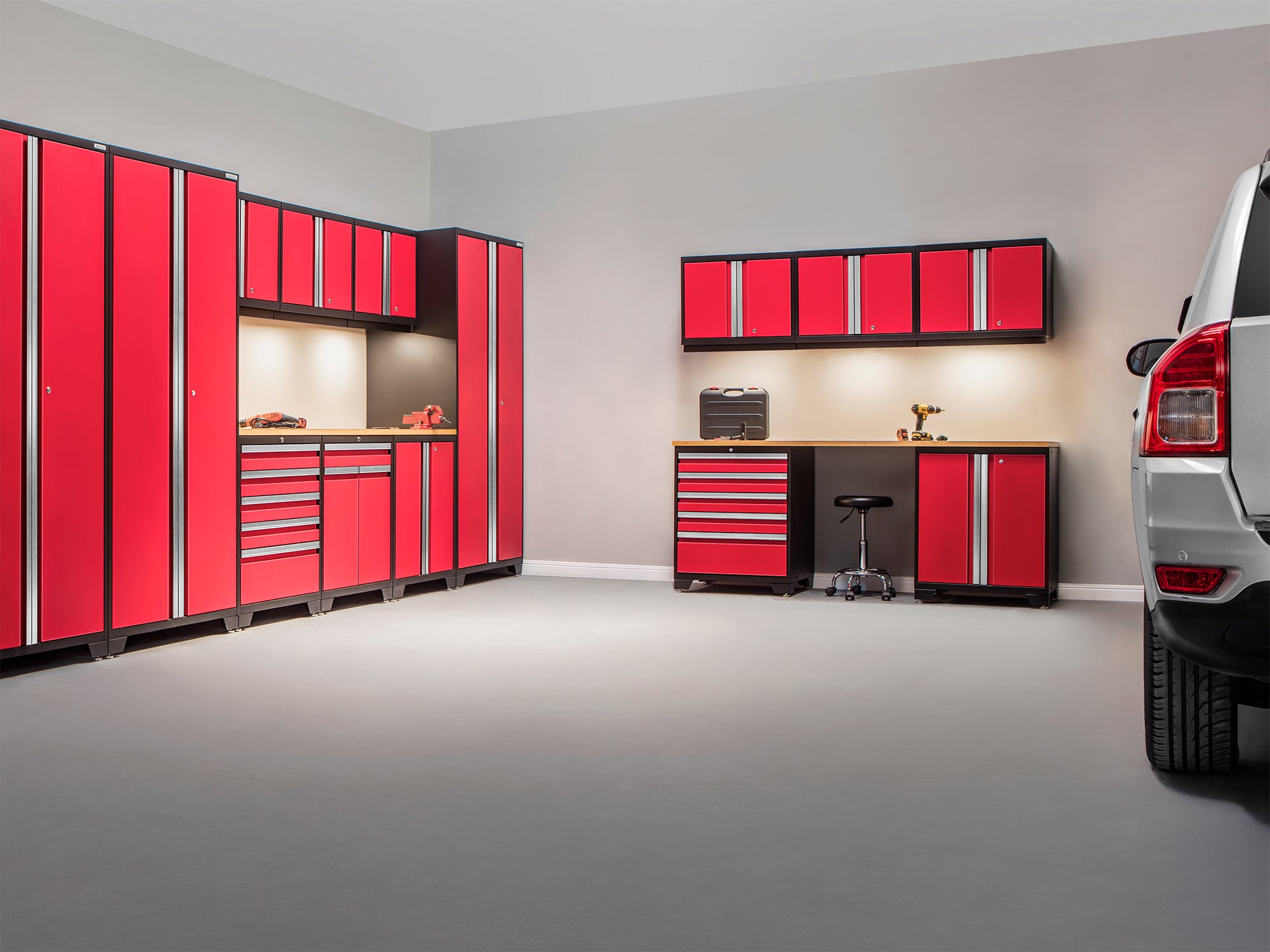 Pro Series 16 Piece Cabinet Set with Lockers, Wall, Tool Drawer, Base, Corner Wall Cabinet and 56 in. Worktop