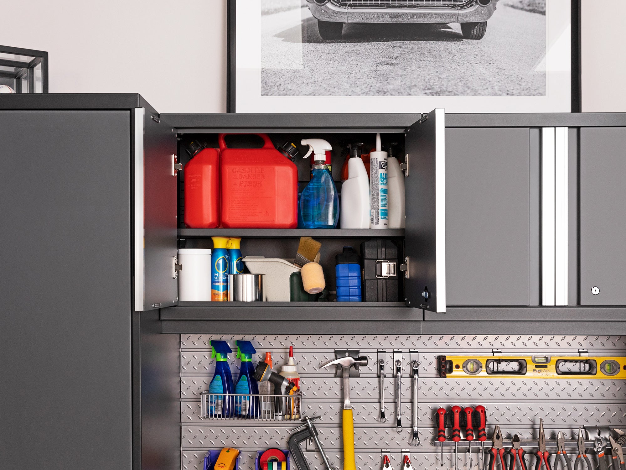 Pro Series 16 Piece Cabinet Set with Lockers, Wall, Tool Drawer, Base, Corner Wall Cabinet and 56 in. Worktop