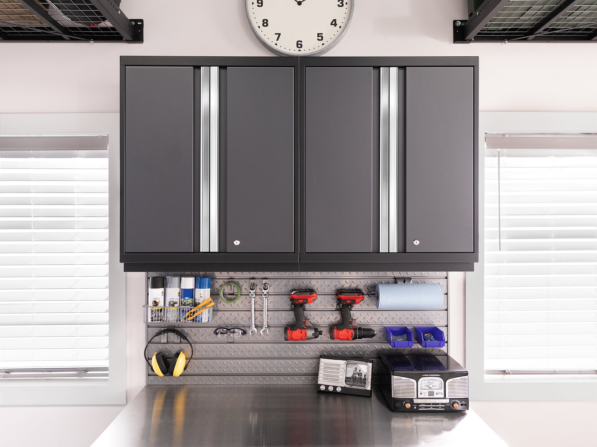 Pro Series 16 Piece Cabinet Set with Lockers, Wall, Tool Drawer, Base, Corner Wall Cabinet and 56 in. Worktop