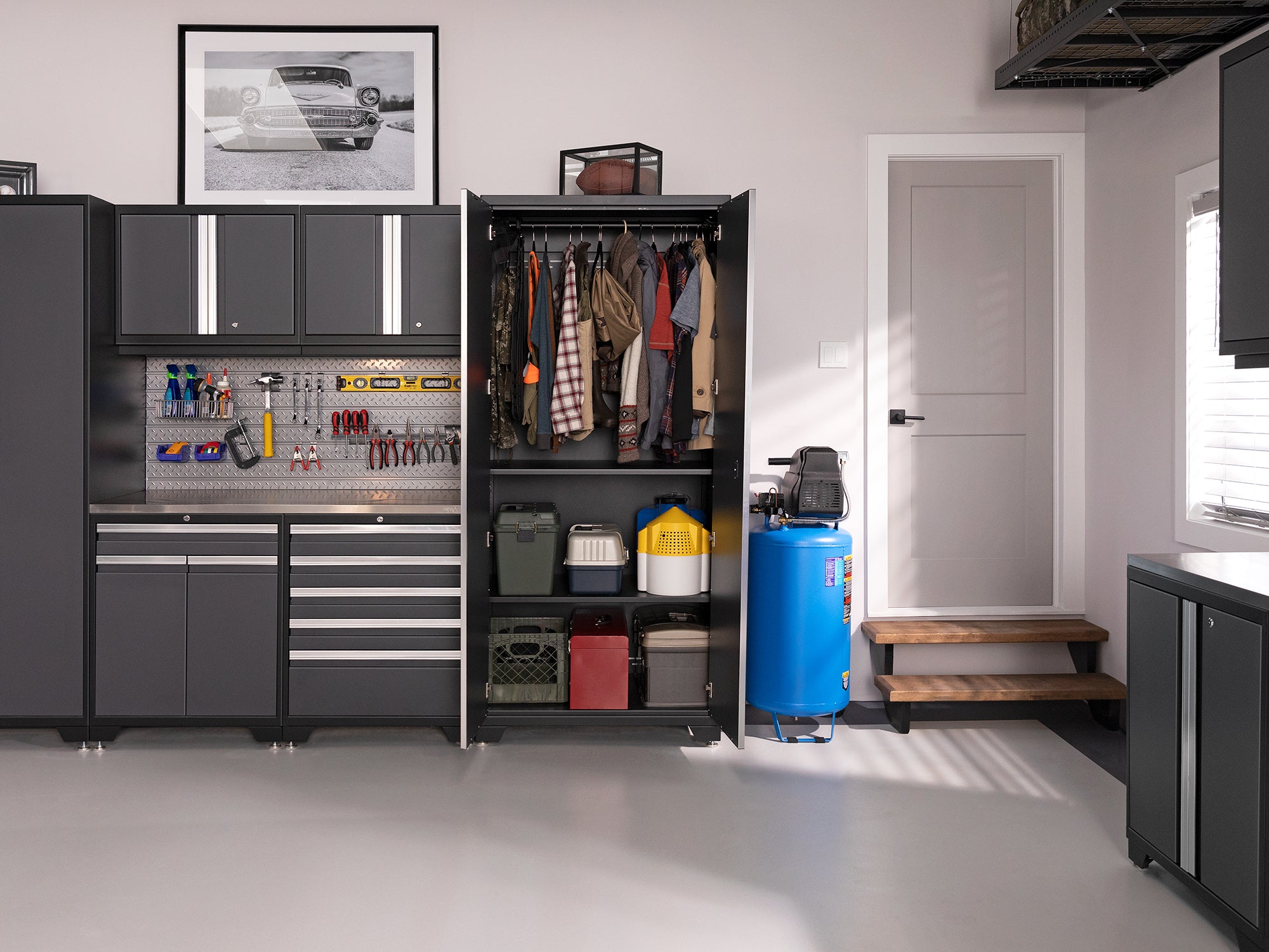 Pro Series 16 Piece Cabinet Set with Lockers, Wall, Tool Drawer, Base, Corner Wall Cabinet and 56 in. Worktop