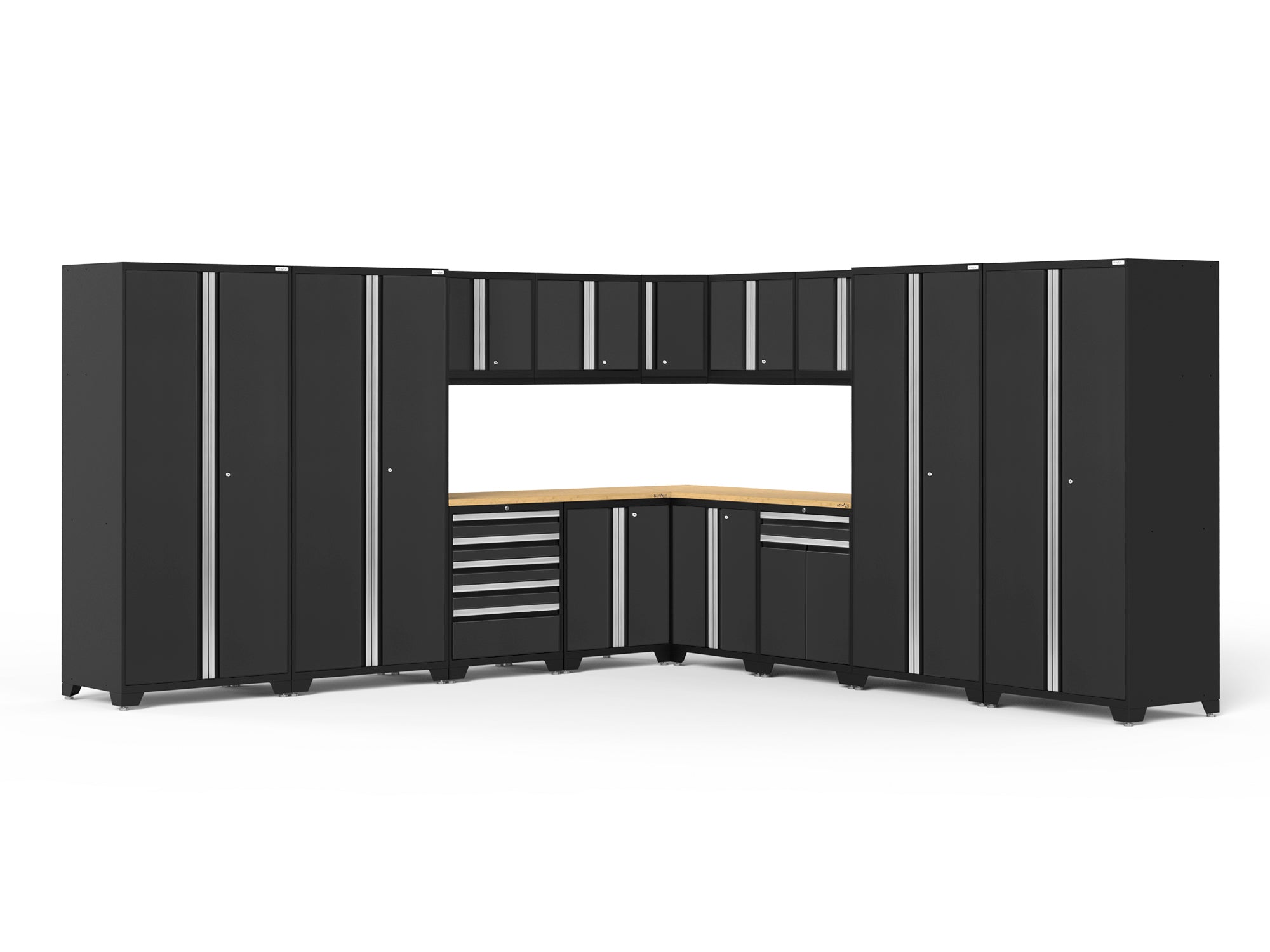 Pro Series 16 Piece Cabinet Set with Lockers, Wall, Tool Drawer, Base, Corner Wall Cabinet and 56 in. Worktop
