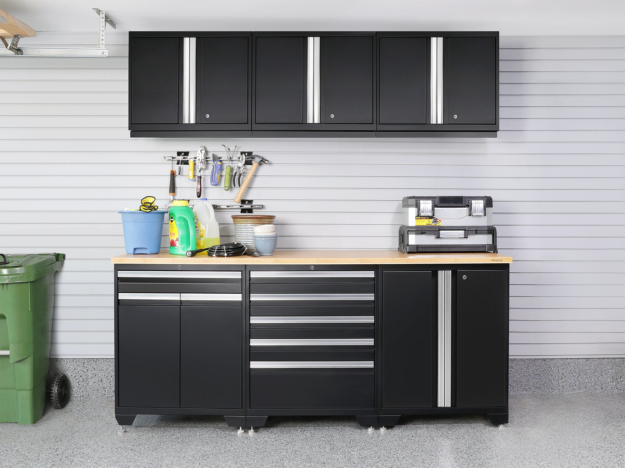 Pro Series 16 Piece Cabinet Set with Lockers, Wall, Tool Drawer, Base, Corner Wall Cabinet and 56 in. Worktop