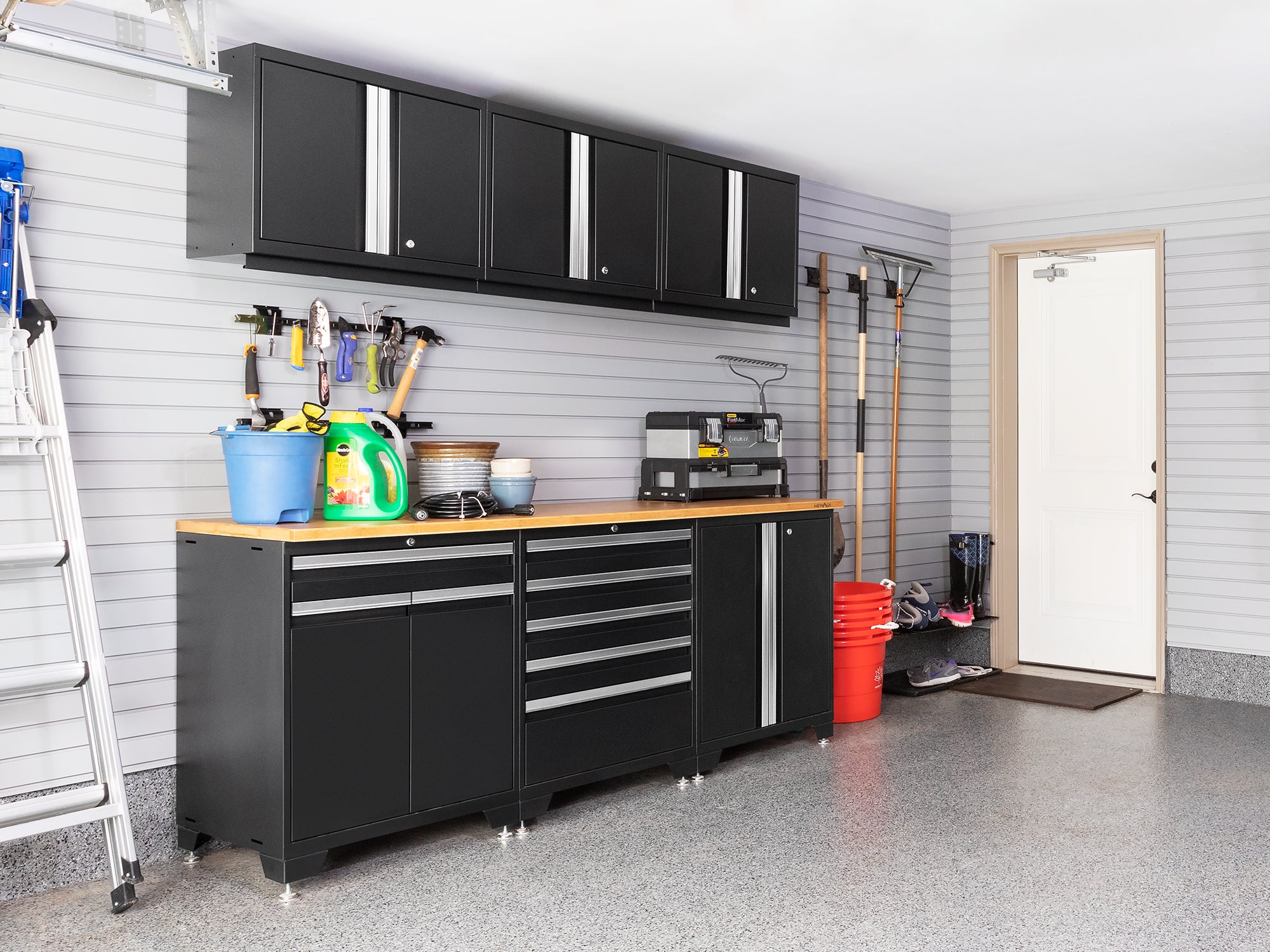 Pro Series 16 Piece Cabinet Set with Lockers, Wall, Tool Drawer, Base, Corner Wall Cabinet and 56 in. Worktop