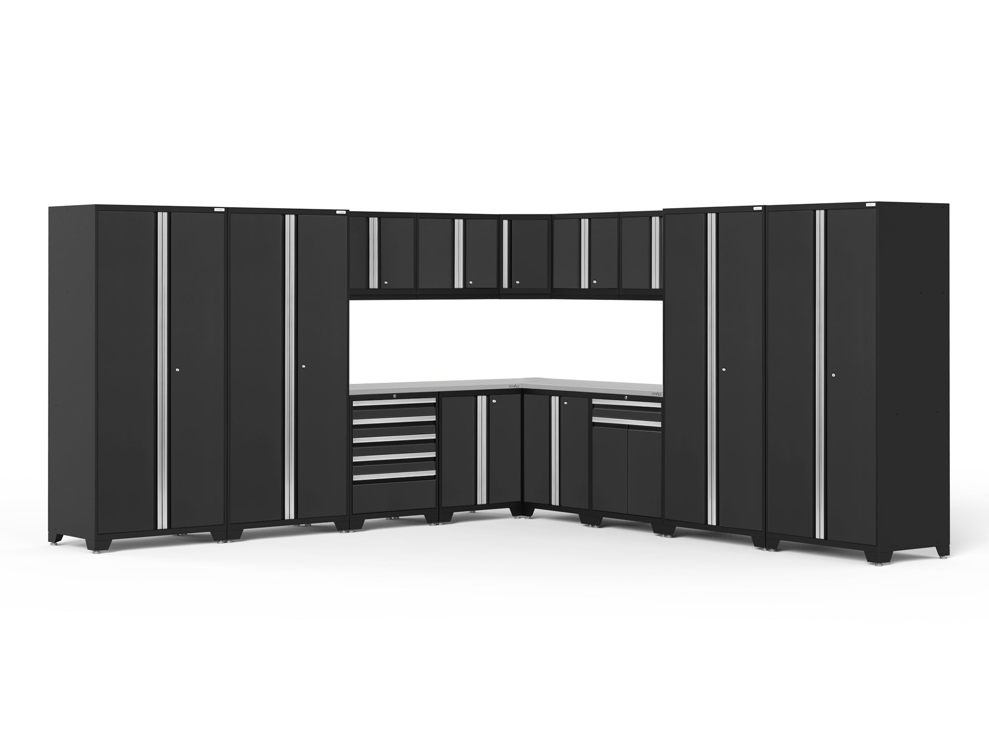 Pro Series 16 Piece Cabinet Set with Lockers, Wall, Tool Drawer, Base, Corner Wall Cabinet and 56 in. Worktop