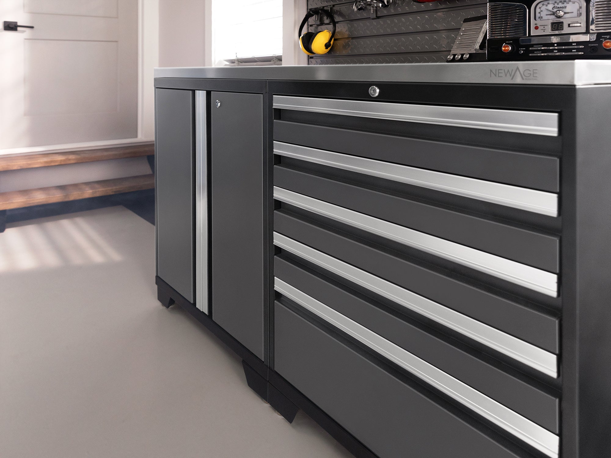 Pro Series 16 Piece Cabinet Set with Lockers, Wall, Tool Drawer, Base, Corner Wall Cabinet and 56 in. Worktop