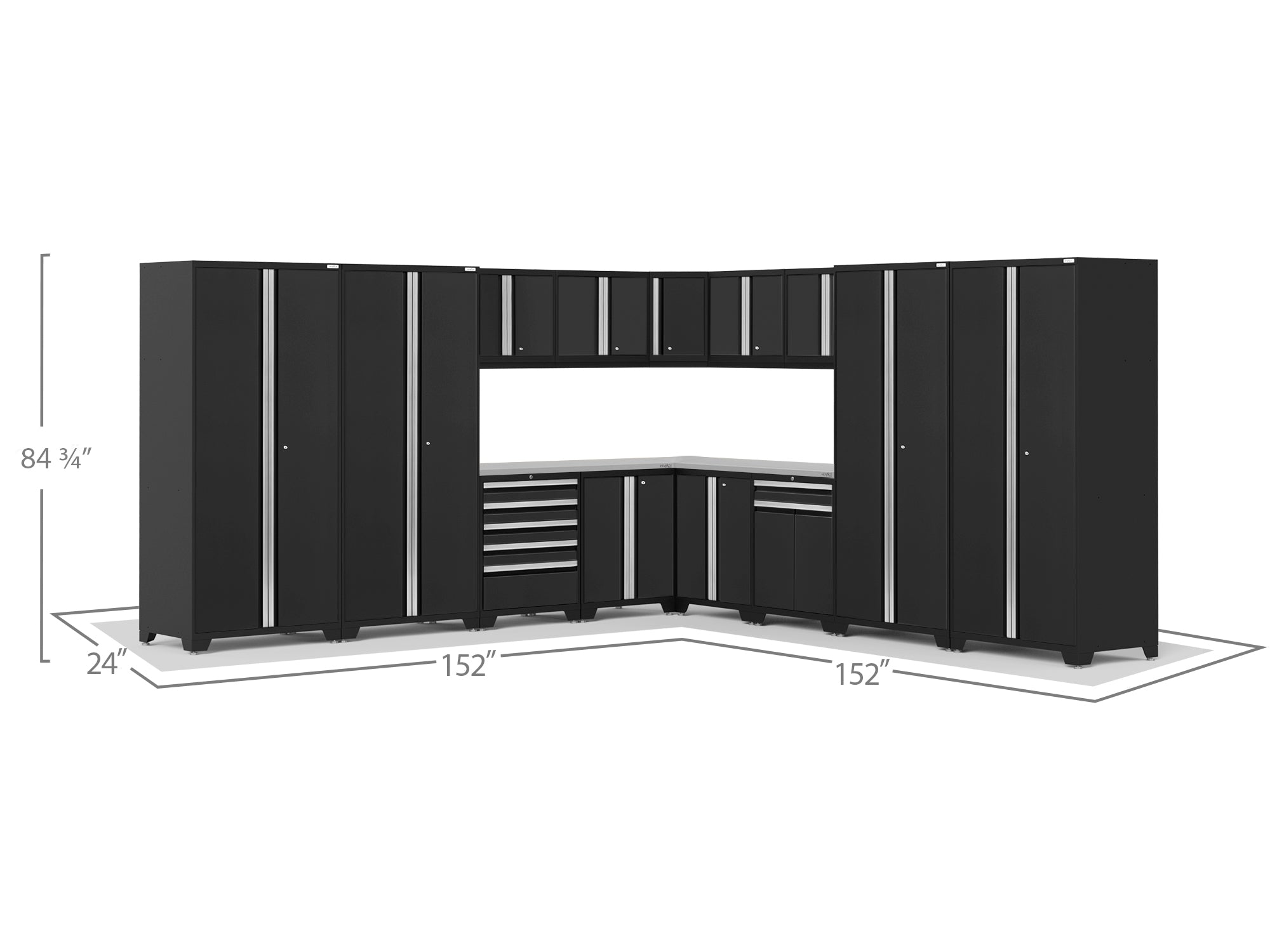 Pro Series 16 Piece Cabinet Set with Lockers, Wall, Tool Drawer, Base, Corner Wall Cabinet and 56 in. Worktop