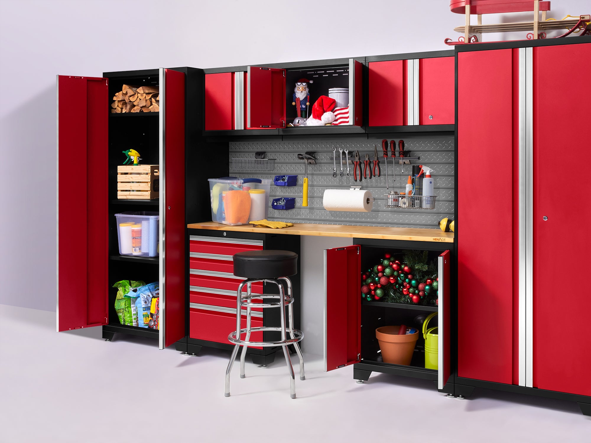 Pro Series 14 Piece Cabinet Set with Lockers, Base, Wall, Tool Drawer, Multi-Function Cabinets and 56 in. Worktop
