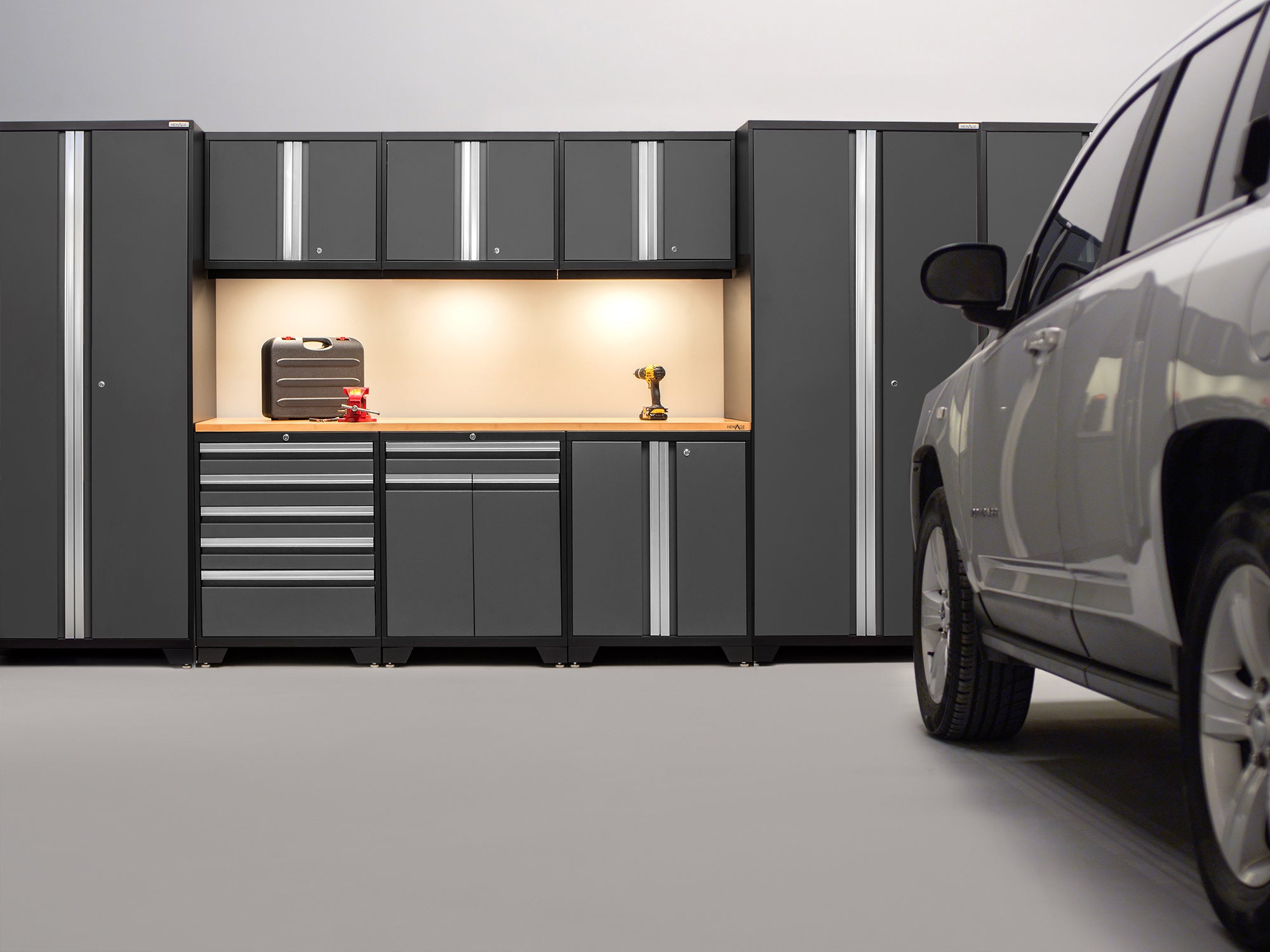 Pro Series 14 Piece Cabinet Set with Lockers, Base, Wall, Tool Drawer, Multi-Function Cabinets and 56 in. Worktop