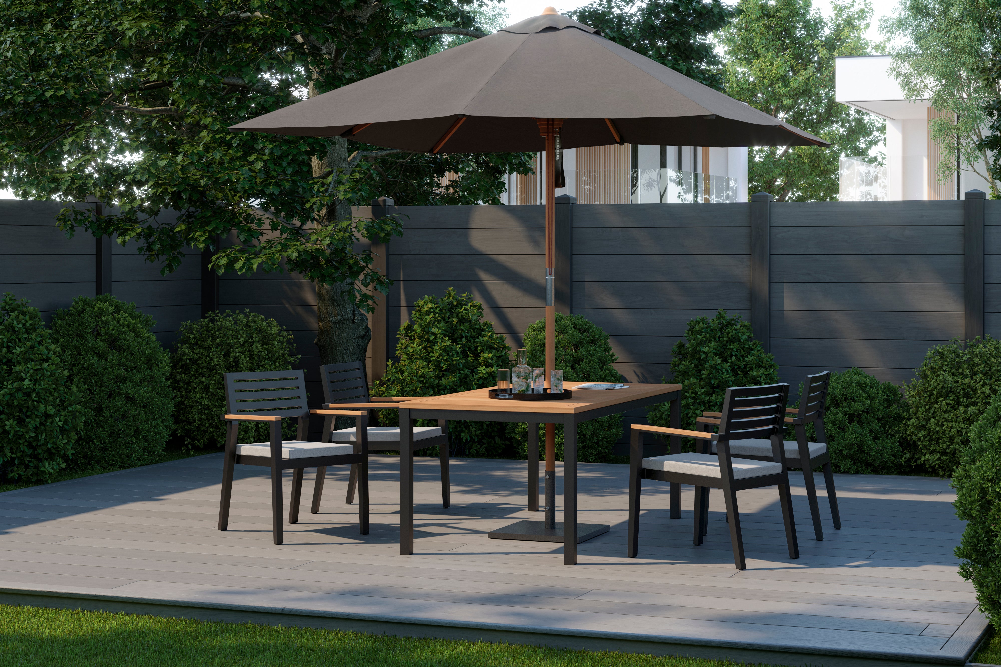 Rhodes 4 Seater Dining Set with 72 in. Table and Umbrella