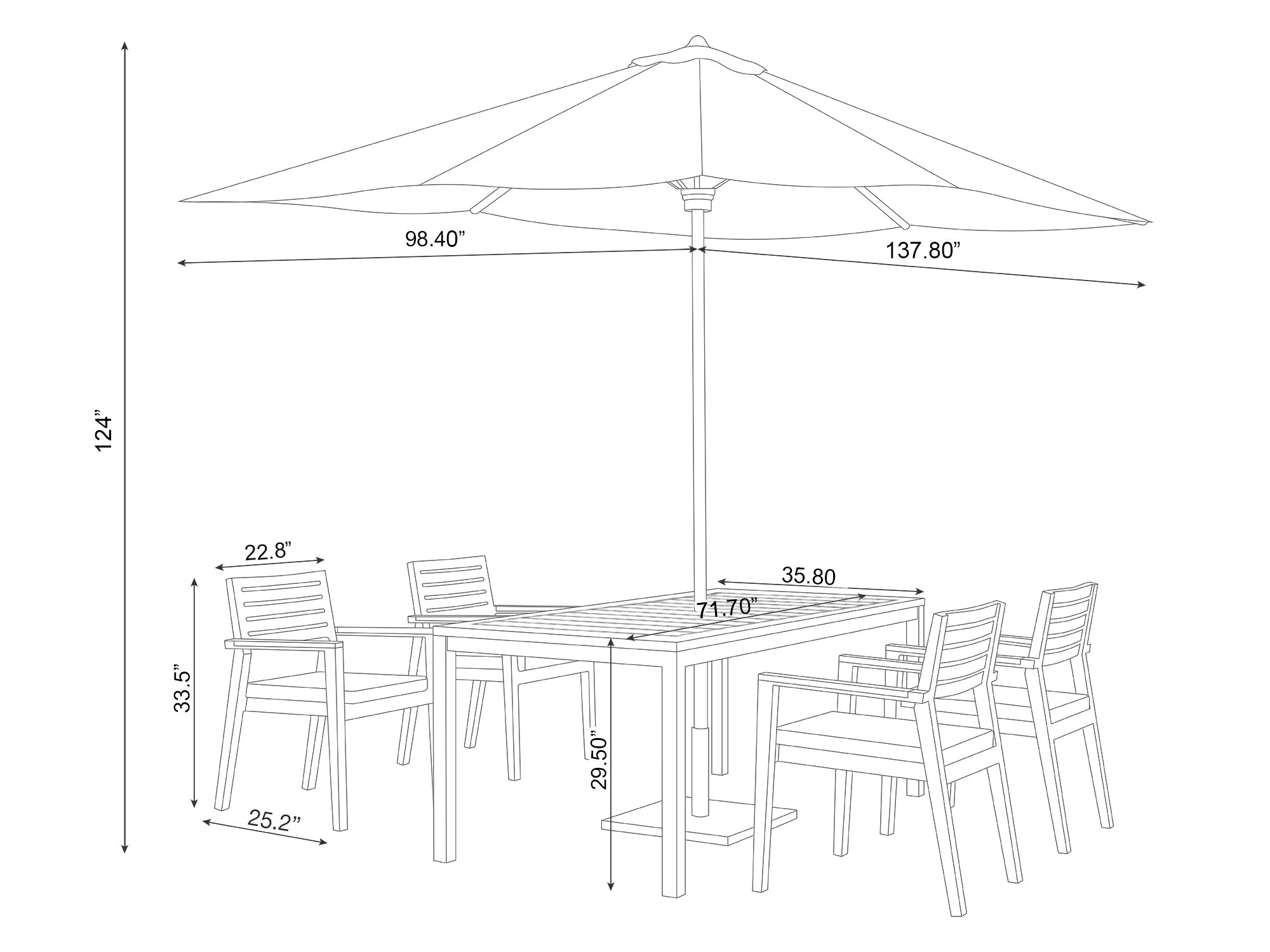 Rhodes 4 Seater Dining Set with 72 in. Table and Umbrella