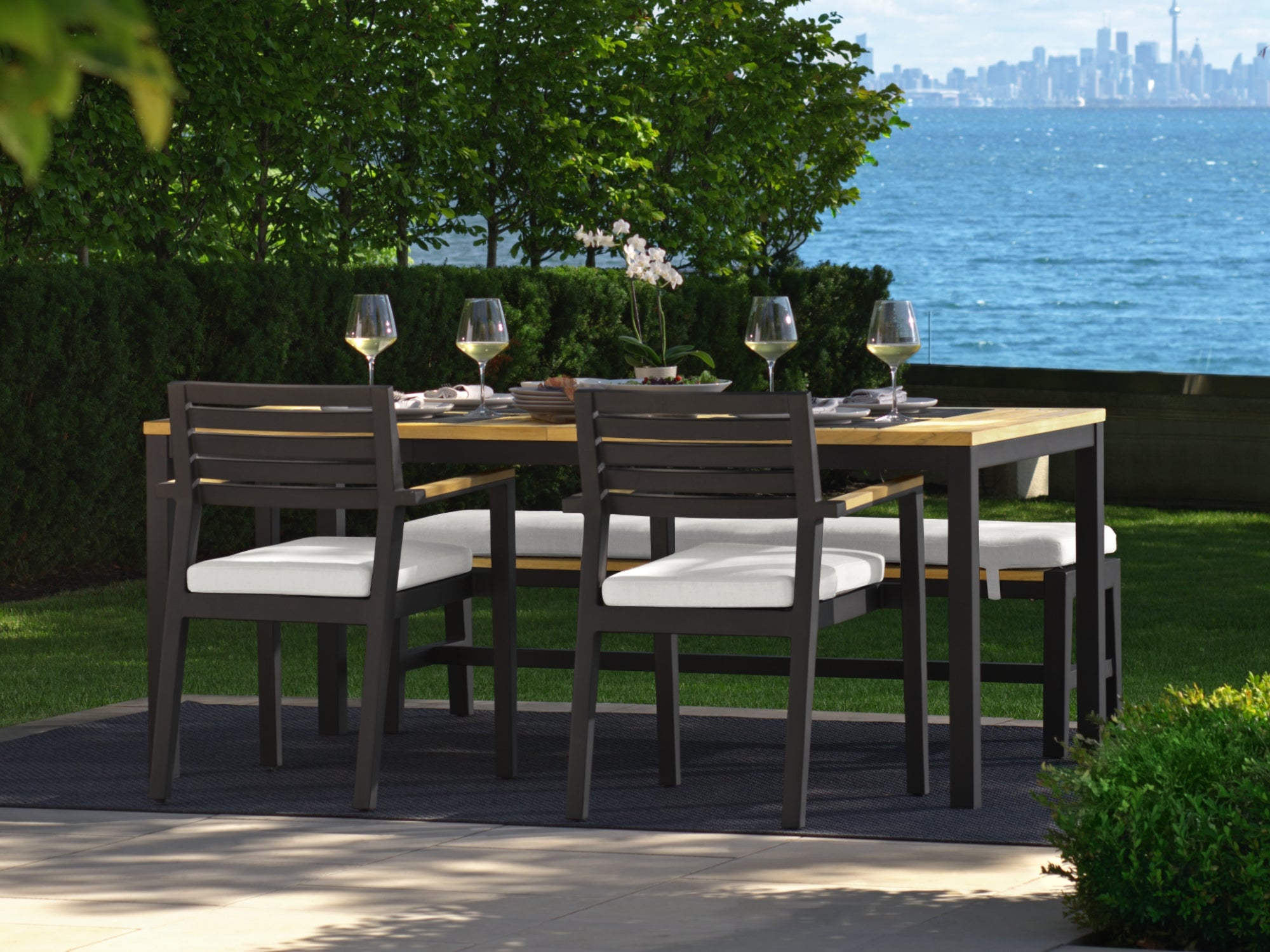 Rhodes 4 Seater Dining Set with 72 in. Table and Umbrella